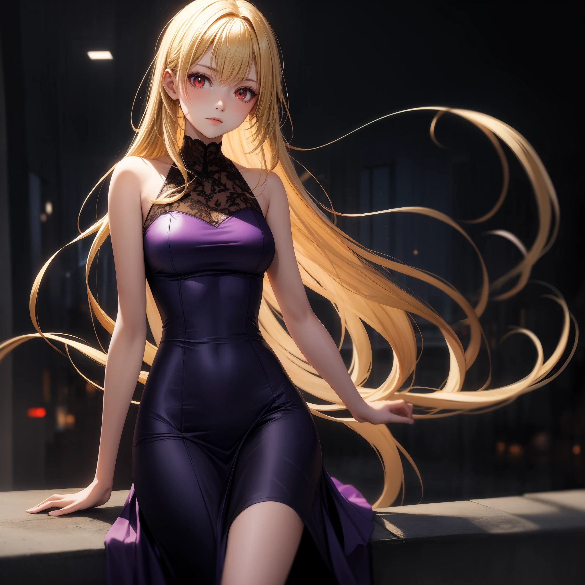 blonde, red eyes, girl, alone, solo, 1girl, purple dress