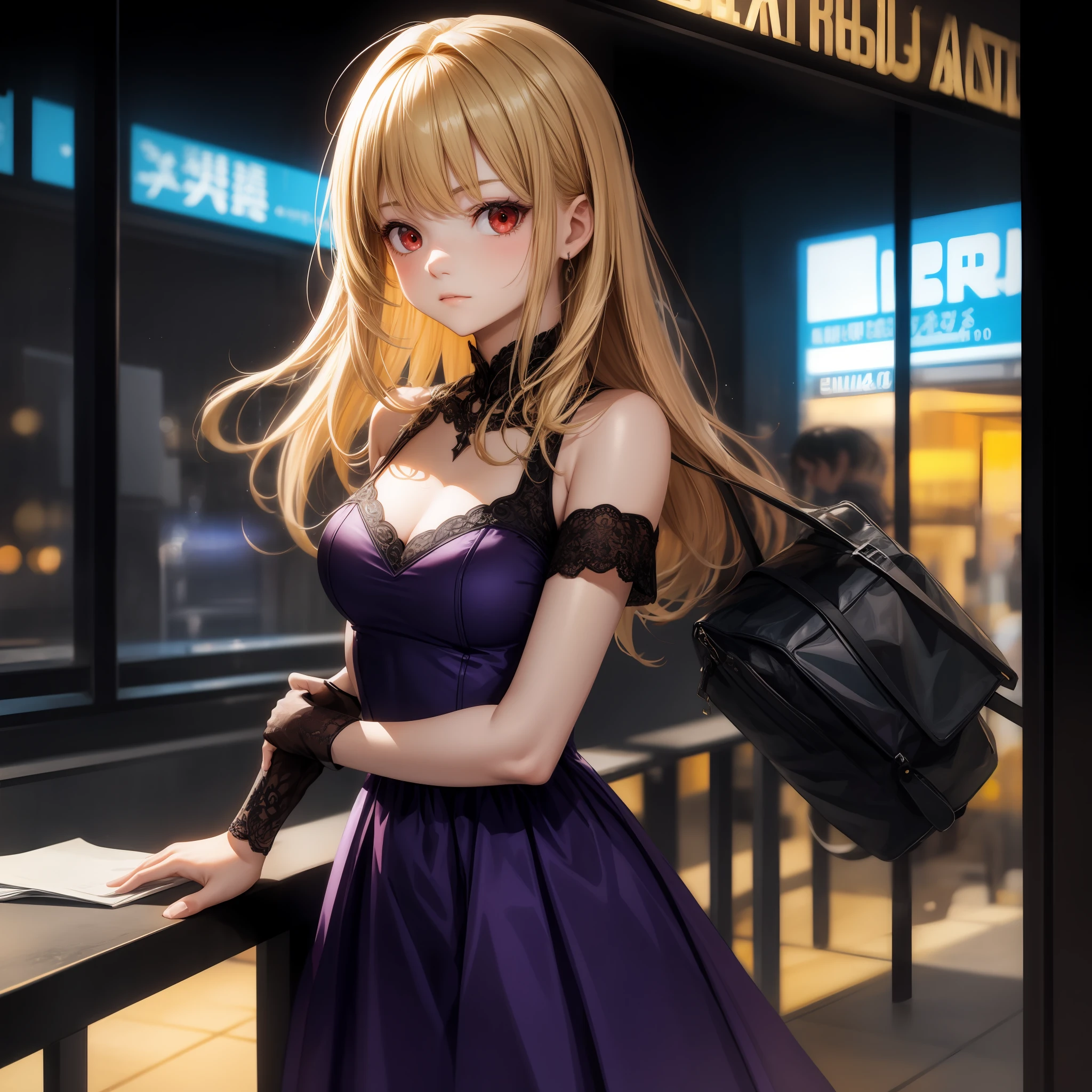 blonde, red eyes, girl, alone, solo, 1girl, purple dress