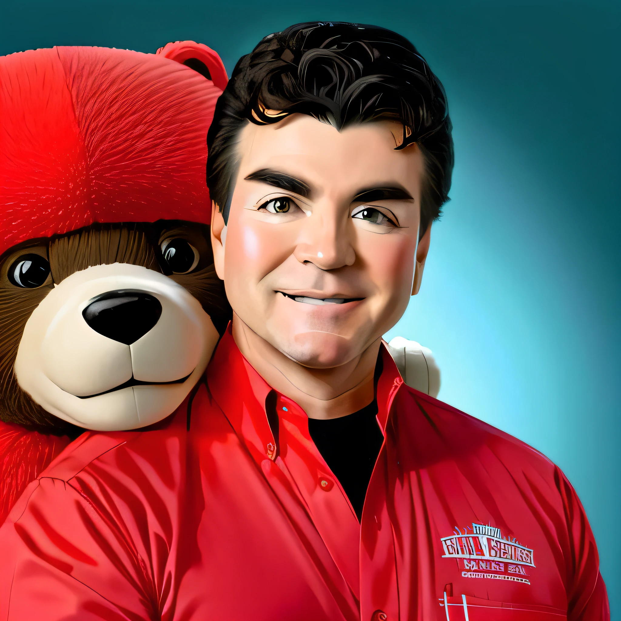 a man, (pkpapajohn:1.0), (papa john schnatter:0.8), holding head of a bear