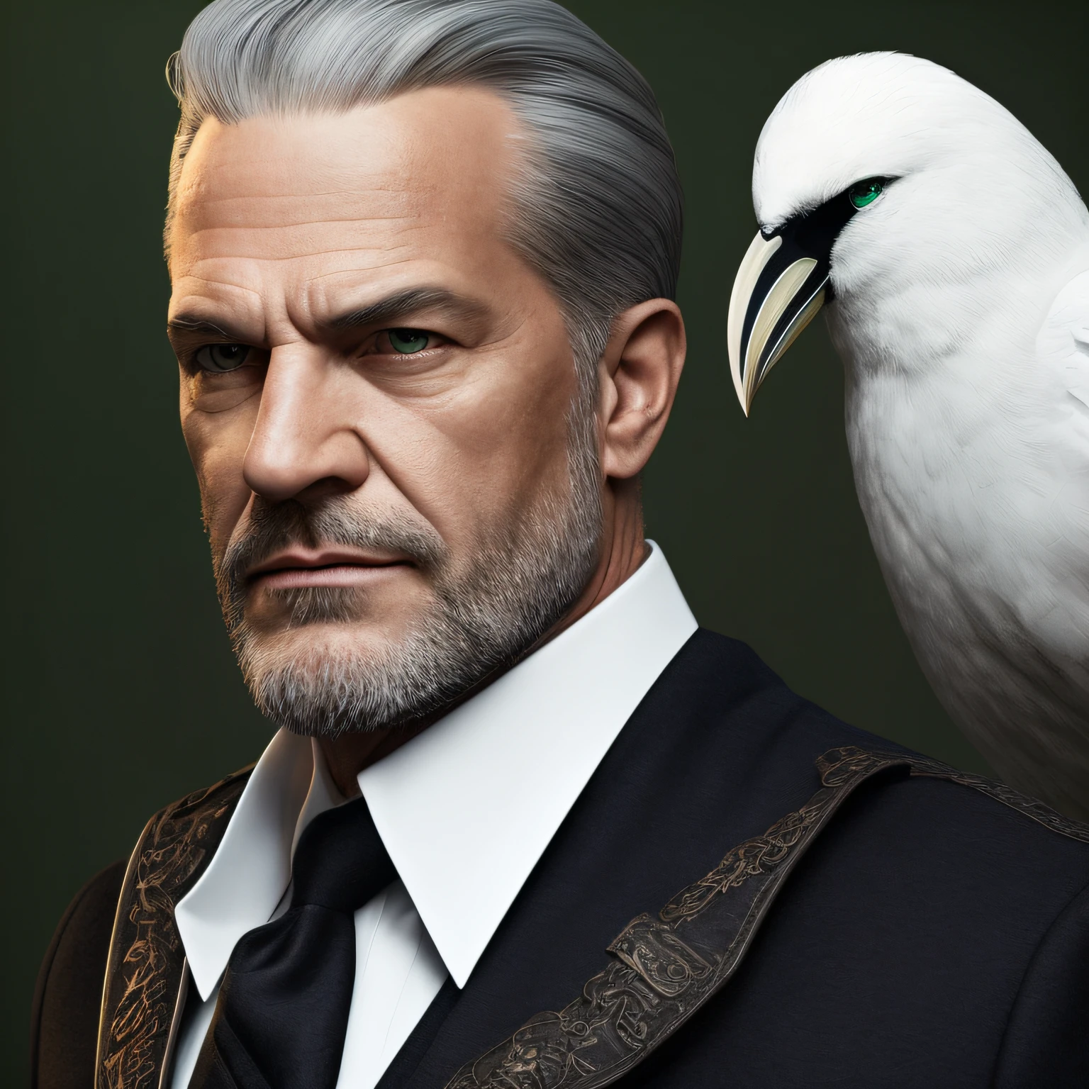 A middle-aged man, 50 years old, fat, modern magician, gray hair, medium gray beard, green eye, serious, intimidating, white tabard, personal, crow, storm, realistic. 8k uhd --auto