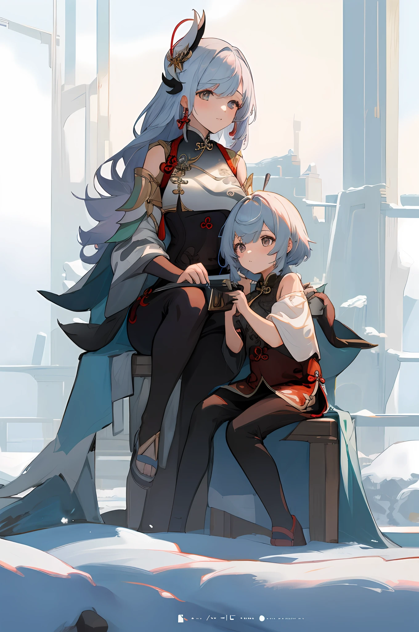 anime image of two women dressed in traditional china clothing in winter, shenhe, Cheongsam, palace a girl in hanfu, wlop and sakimichan, long hair, white haired deity, characters from azur lane, anime fantasy illustration, from the azur lane videogame, genshin, artwork in the style of guweiz, cultivator detailed art, two beautiful anime girls, mother and child, symbol of maternal love, mother and child, such as photos of mother and child, white hair, sitting in a snowy field