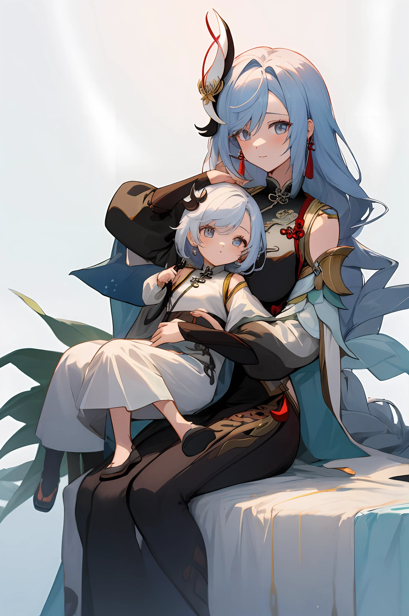 anime image of two women dressed in traditional china clothing in winter, shenhe, Cheongsam, palace a girl in hanfu, wlop and sakimichan, long hair, white haired deity, characters from azur lane, anime fantasy illustration, from the azur lane videogame, genshin, artwork in the style of guweiz, cultivator detailed art, two beautiful anime girls, mother and child, symbol of maternal love, mother and child, such as photos of mother and child, white hair, sitting in a snowy field