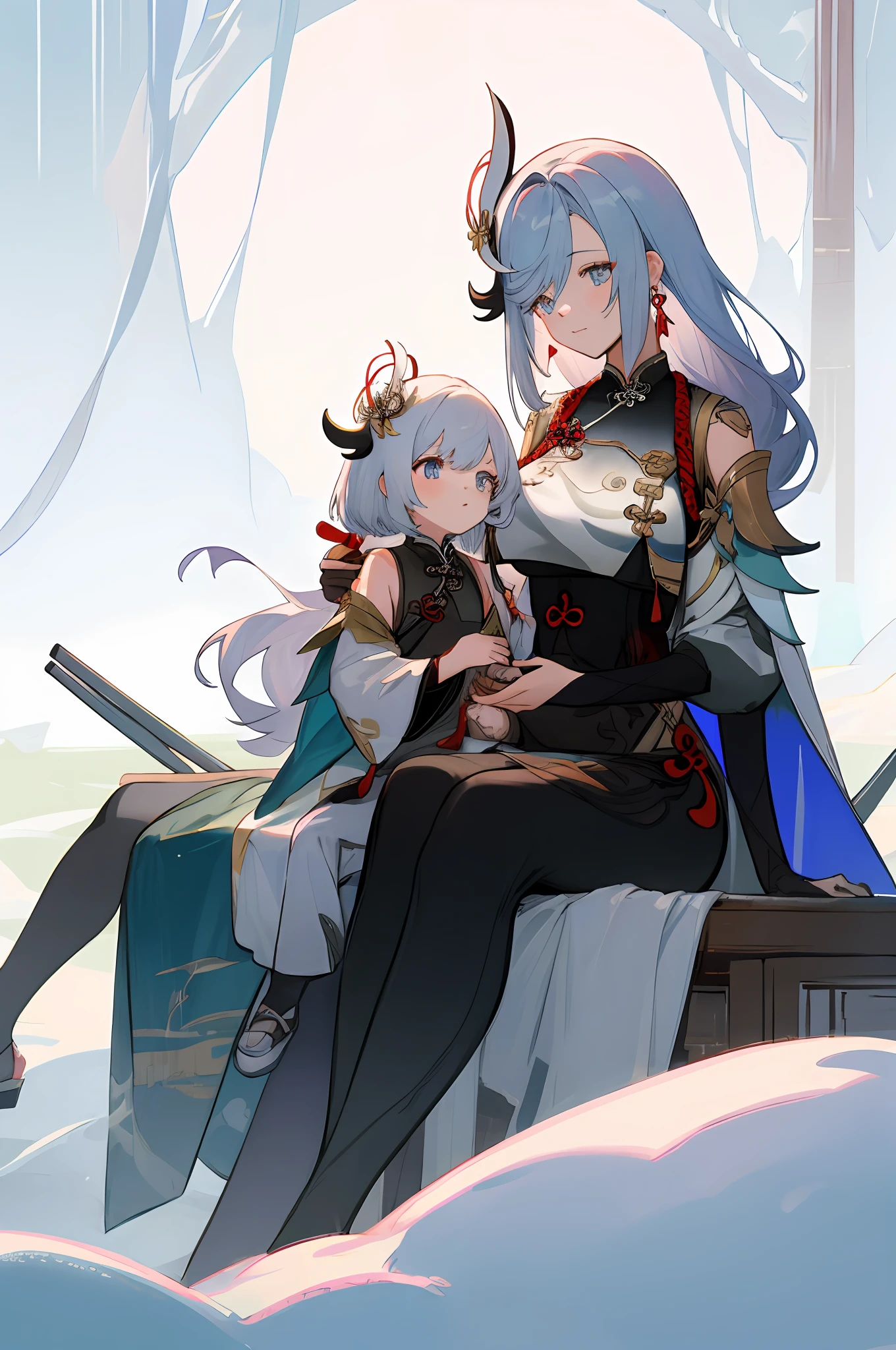 anime image of two women dressed in traditional china clothing in winter, shenhe, Cheongsam, palace a girl in hanfu, wlop and sakimichan, long hair, white haired deity, characters from azur lane, anime fantasy illustration, from the azur lane videogame, genshin, artwork in the style of guweiz, cultivator detailed art, two beautiful anime girls, mother and child, symbol of maternal love, mother and child, such as photos of mother and child, white hair, sitting in a snowy field