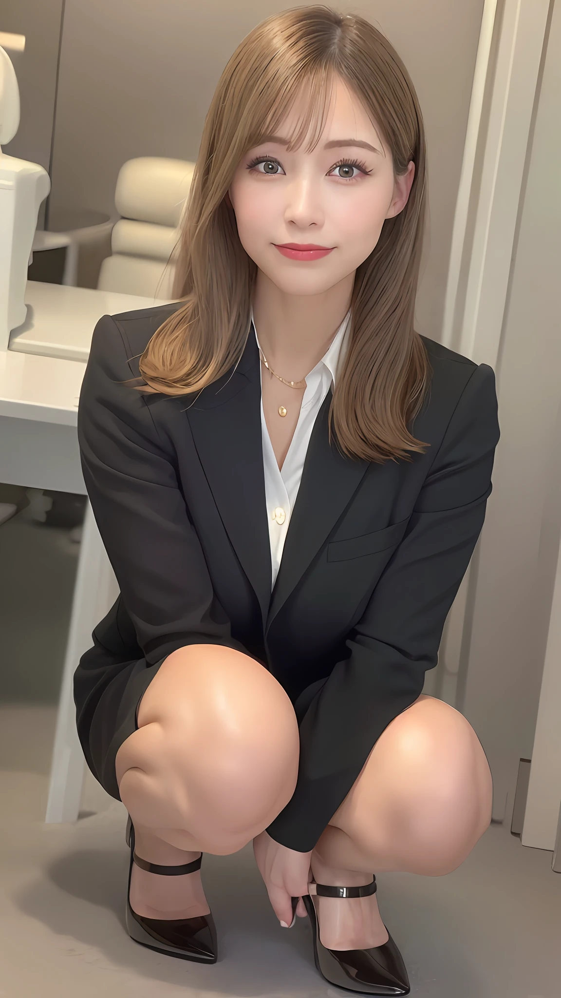 (8K, Best Quality, Masterpiece: 1.2), (Realistic, Photorealistic: 1.37), Super Detail, Japan People, Girls Only, Cute, (Full Body: 1.4), (40s: 1.6), (Wrinkles: 0.9), Best Style, Beautiful Legs, Precise Hands, Precise Fingers, Perfect Face, Office, Business Suit, Tight Skirt, Black Heels, Bob Hair, Squat, Show Panties, Front、