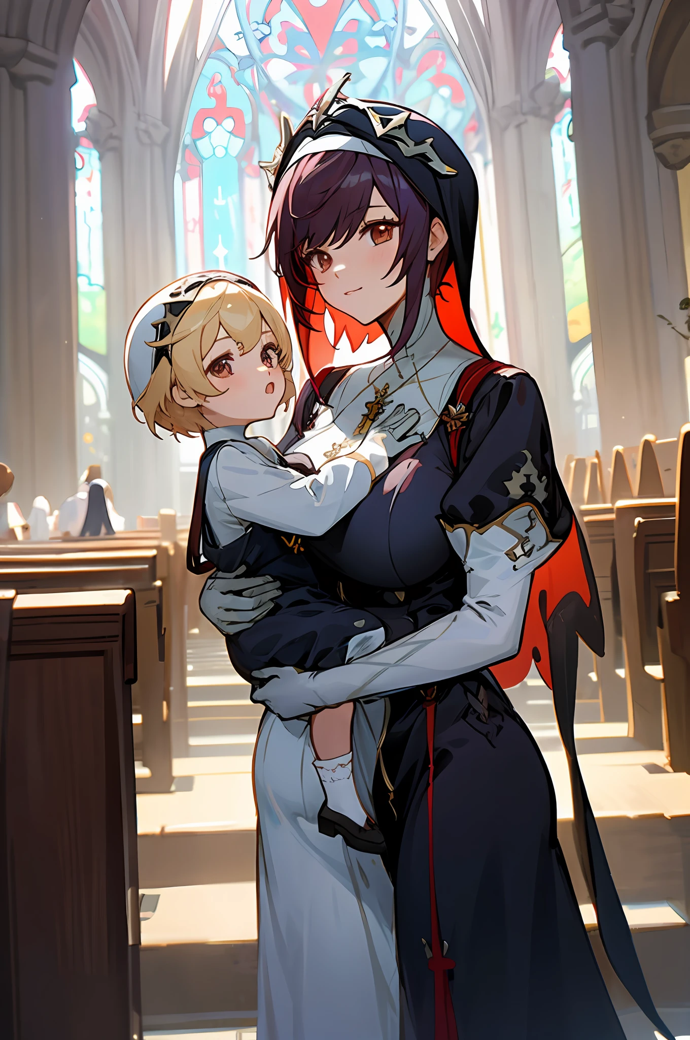 anime image of two women dressed nun posing for a picture like Nun clothing in summer, short hair, a girl in church, anime fantasy illustration, from the azur lane videogame, genshin, nun dress detailed art, two beautiful anime girls, mother and child, symbol of maternal love, happy, mother and child, such as photos of mother and child