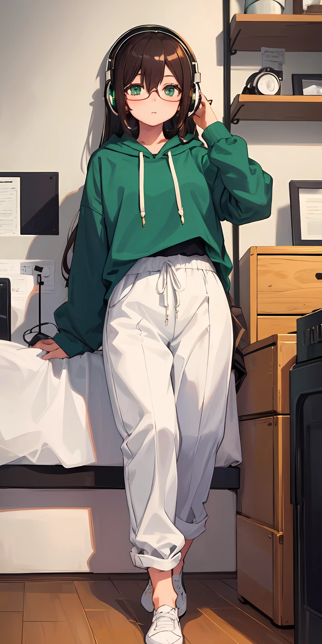 (masterpiece, best quality), 1girl, long hair, brown hair, headphones, green eyes, glasses, green hoodie, pants, room, detailed eyes,