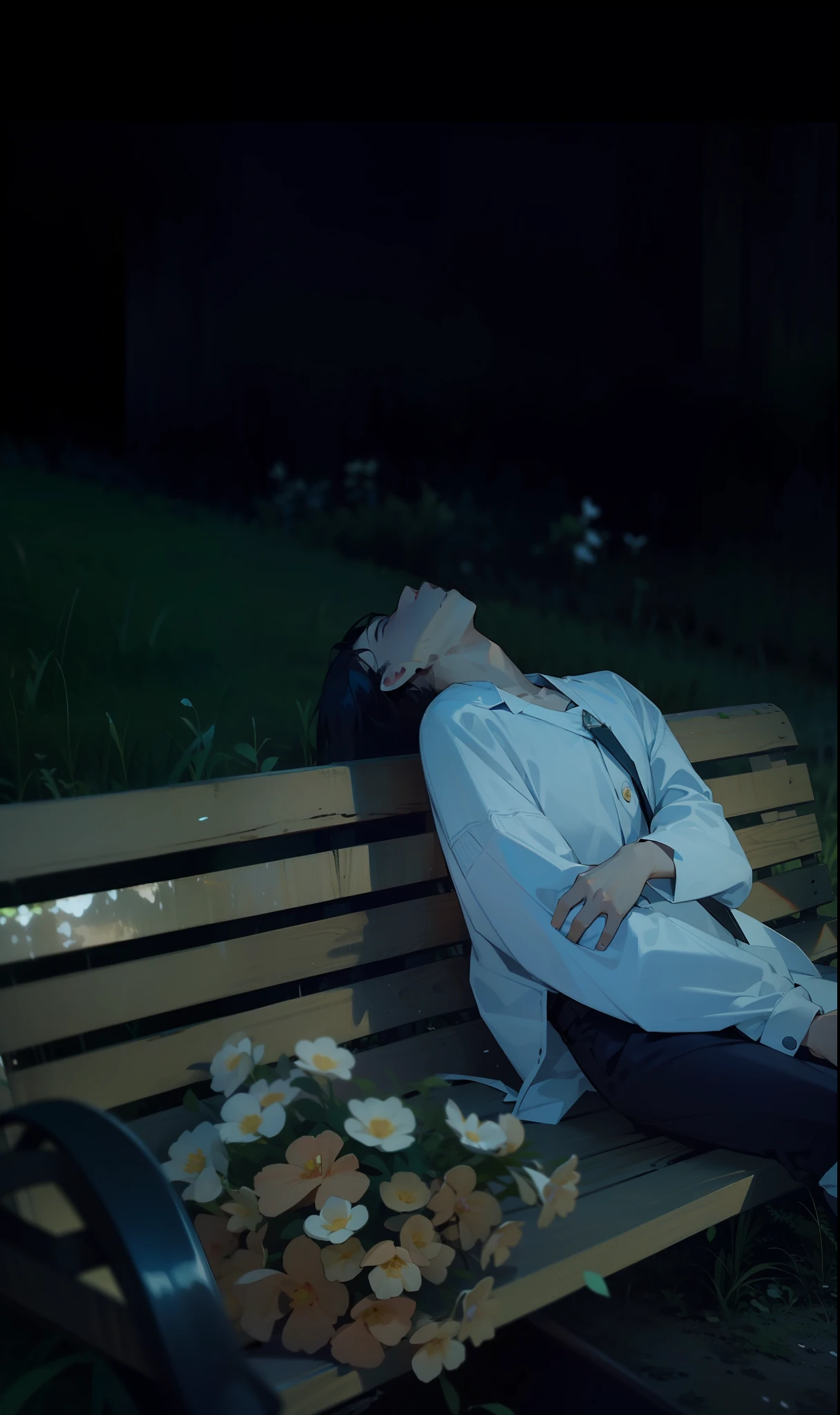 there is a man laying on a bench with flowers on it, movie still of a tired, still from a music video, still from a movie, cinematic shot ar 9:16 -n 6 -g, still frame from a movie, movie still frame, movie screencap, unconscious, screenshot from a movie, still from the movie, still from the film