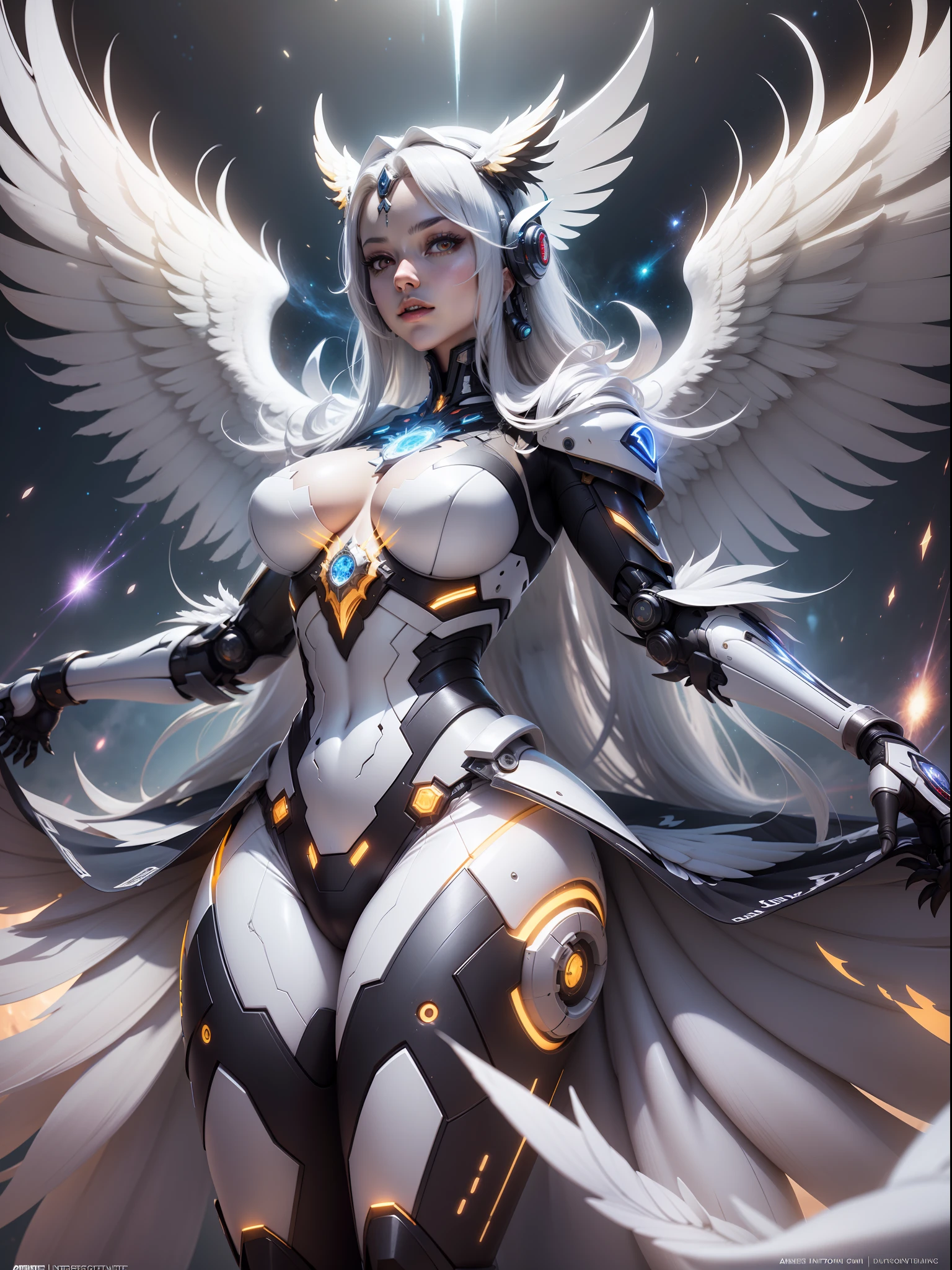 there is a large white angel with wings spread out, glowing angelic being, big white glowing wings, ethereal wings, epic angel wings, infinite angelic wings, cosmic horror entity with wings, futuristic robot angel, unreal engine render + a goddess, wings made of light, the solarpunk phoenix, akihiko yoshida. unreal engine, stunning cgsociety