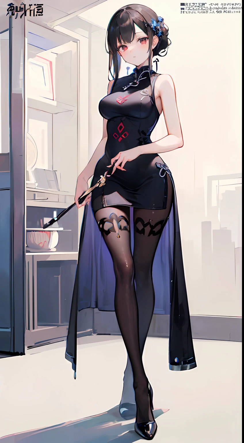 (masterpiece,best quality,ultra-detailed:1.6),illustration, solo,1girl,(full body),(black bodystocking:1.3),high heels,(sheongsam:1.2)