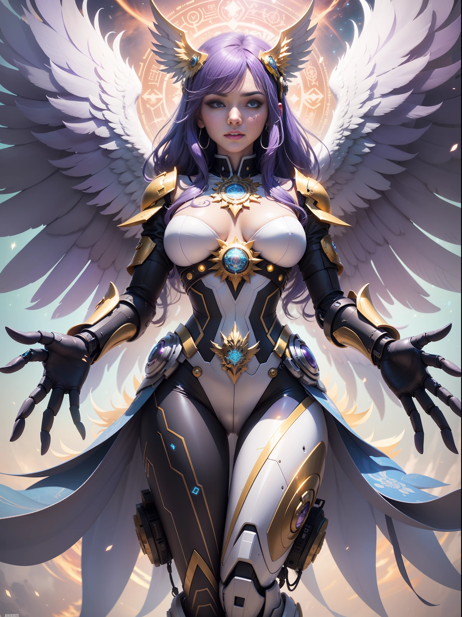 There is a large lavender colored angel with open wings, sparkling bright angelic being, great glowing golden wings, divine mandala, ethereal wings, epic angel wings, infinite angelic wings, cosmic horror entity with wings, futuristic robot angel, unreal render motor + a goddess, wings made of light, the solarpunk phoenix, akihiko yoshida. Unreal Engine, awesome