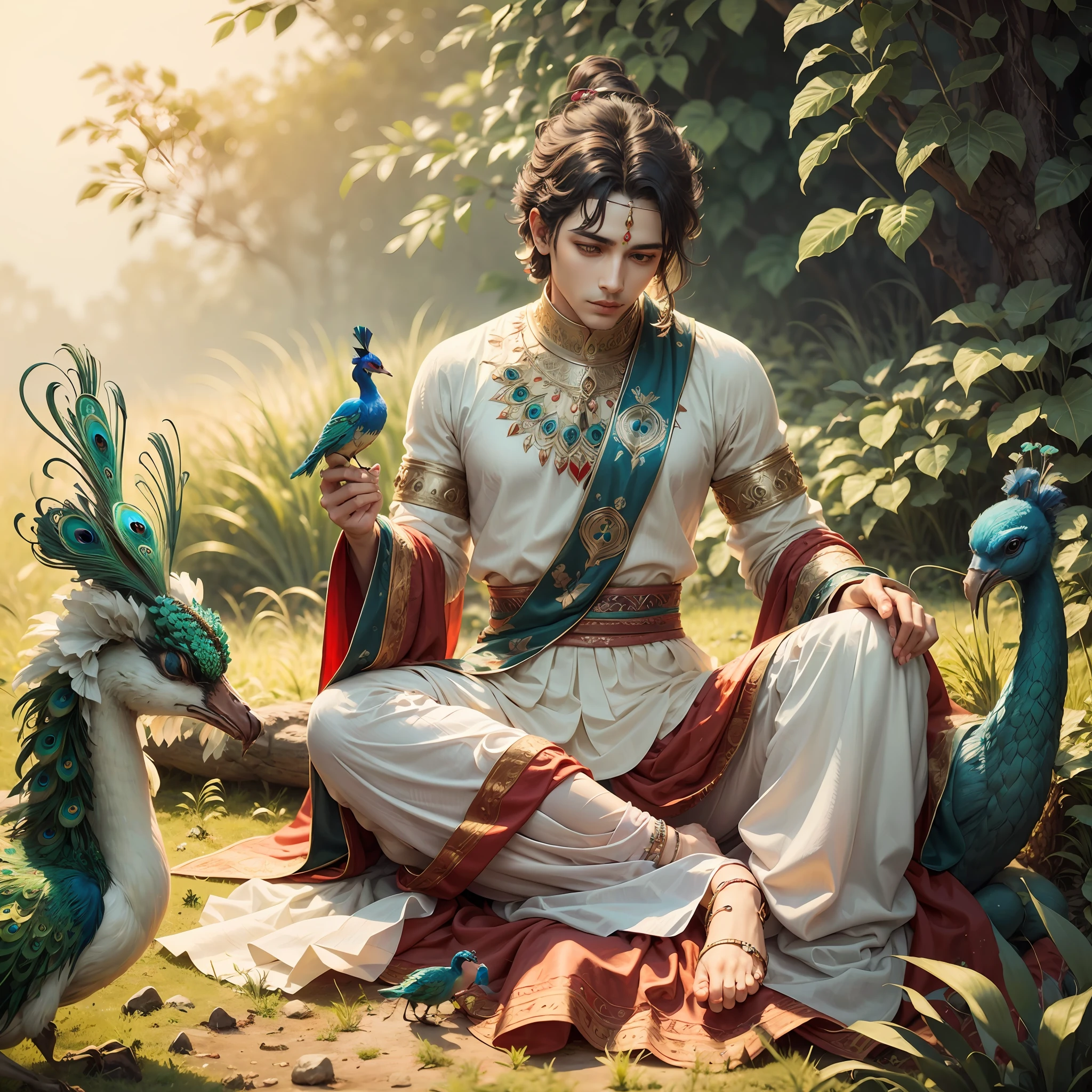 God Krishna sitting on grass playing with peacock --auto