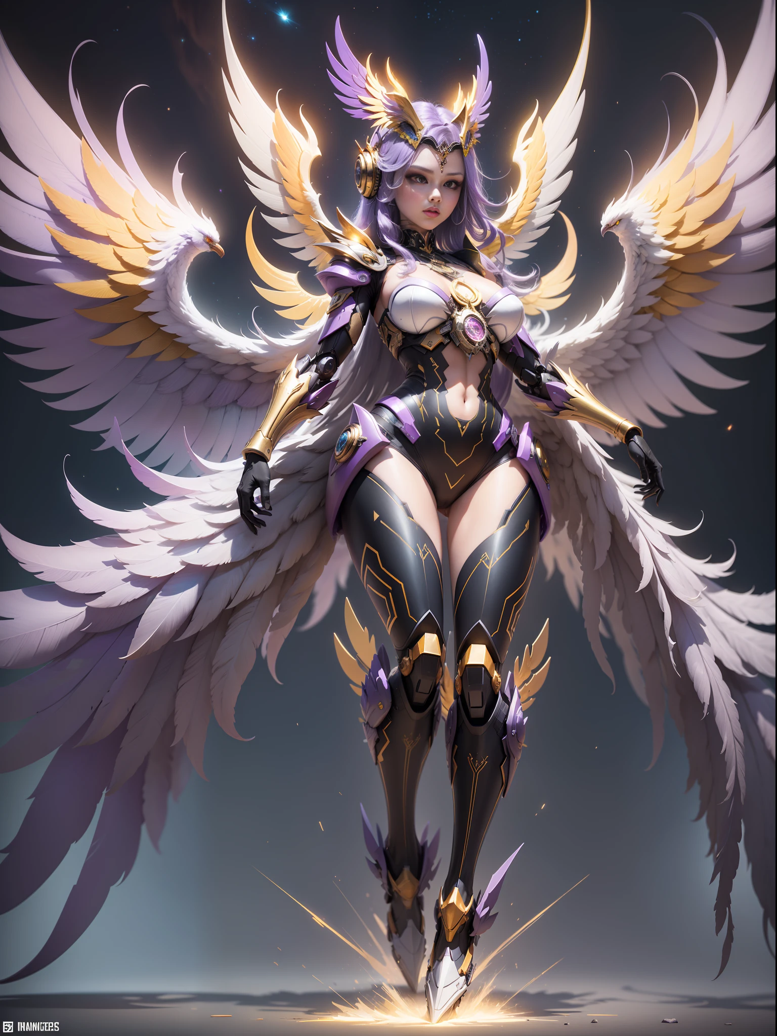 There is a big lavender colored angel with open wings, sparkling bright angelic being, big bright golden wings, divine mandala, ethereal wings, epic angel wings, infinite angelic wings, cosmic horror entity with wings, futuristic robot angel, unreal render motor + a goddess, wings made of light, the punk solar phoenix. Unreal Engine, awesome
