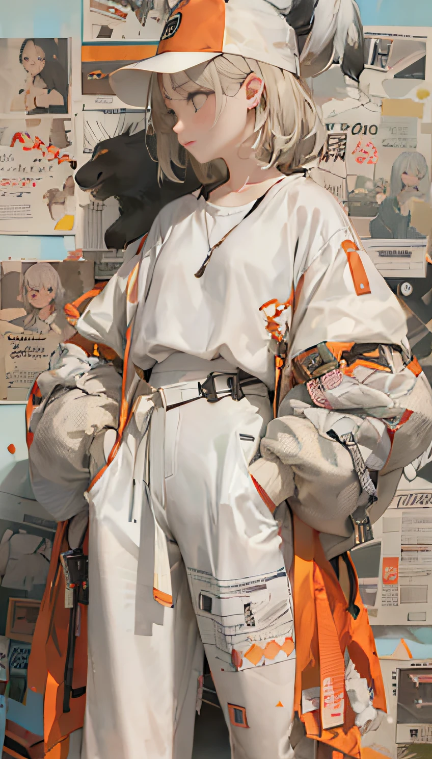 Arad woman in white and orange costume standing in front of the newspaper wall with a delicate and beautiful face, Japanese streetwear, put on and take off - white style, Heron Preston, closed - white style, full body!! Minimalist details, white fashionable outfit, she wears streetwear, streetwear woman, white and orange, wears cyberpunk streetwear, cyberpunk streetwear, multi-layered texture, albedo and highlight map, surface coloring, two-color light, large aperture, low ISO, white balance, Guviz at pixiv art station