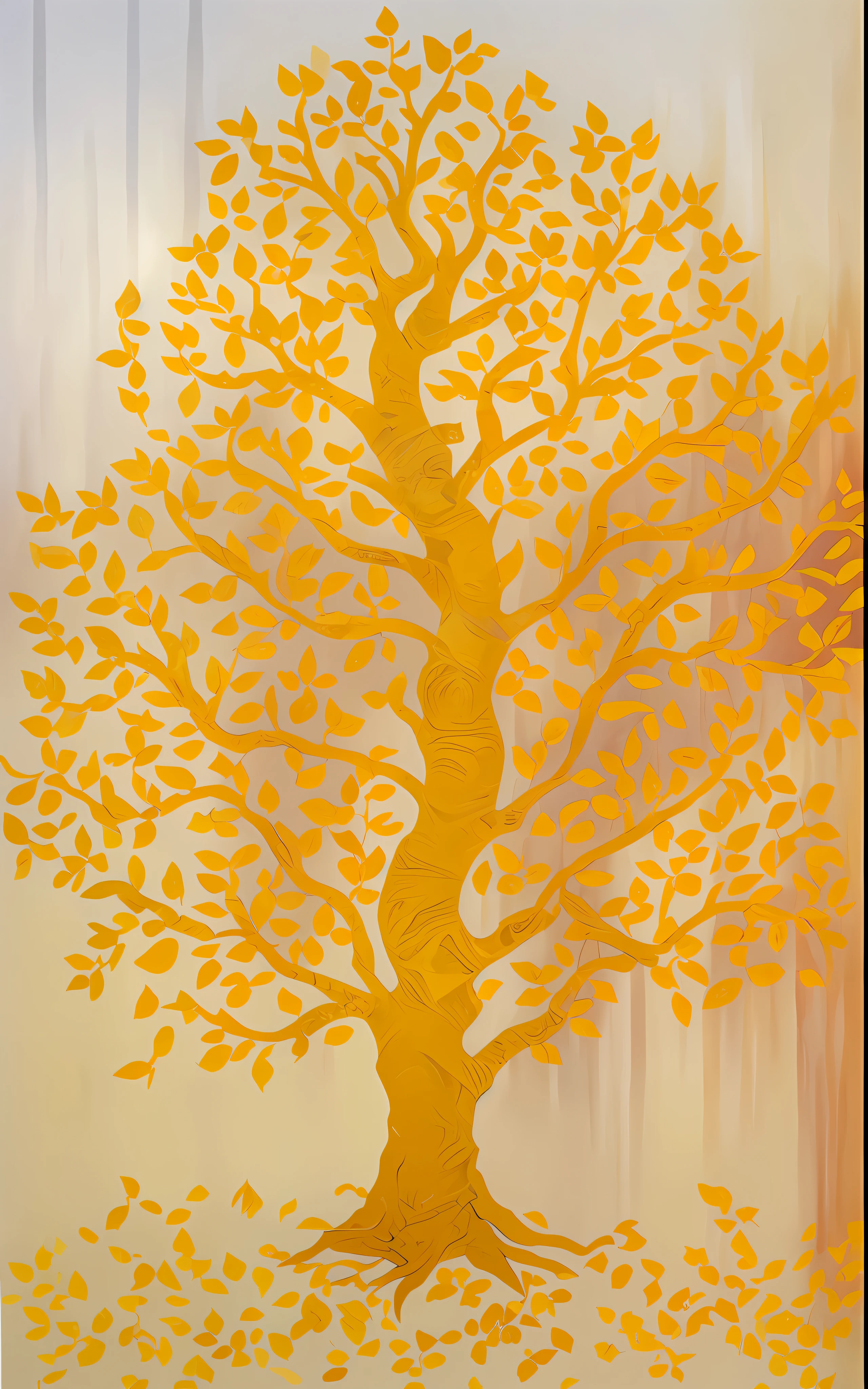 there is a painting of a tree with leaves on it, golden sacred tree, the tree of life, touch of gold leaf, gold leaf painting, rich tree, tall root tree background, tree of life, beautiful painting of a tall, cubism painting of a tree, gold leaves, an enormous silver tree, golden aura, inspired by Vladimir Kush