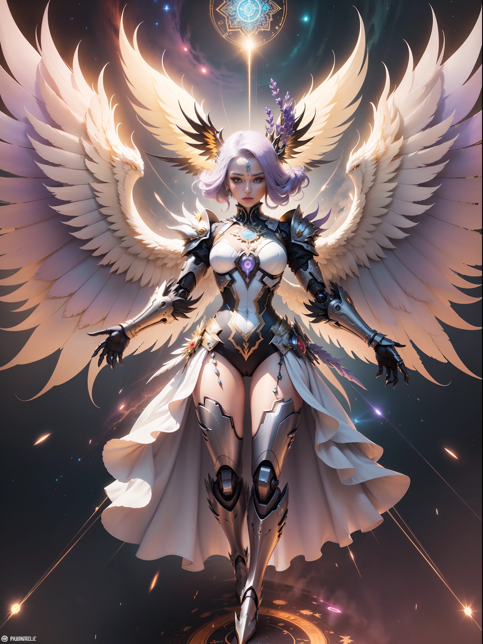 There is a big lavender colored angel with open wings, sparkling bright angelic being, big bright golden wings, divine mandala, ethereal wings, epic angel wings, infinite angelic wings, cosmic horror entity with wings, futuristic robot angel, unreal render motor + a goddess, wings made of light, the punk solar phoenix. Unreal Engine, awesome