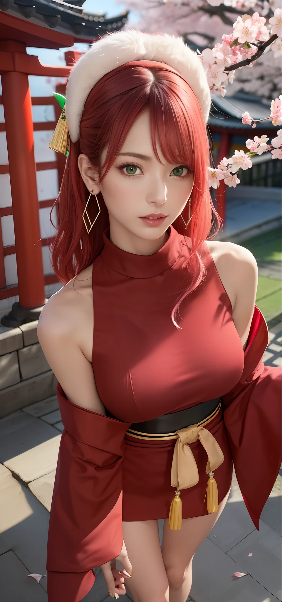 (Masterpiece, Excellent, 1girl, solo, complex details, color difference), realism, ((medium breath)), off-the-shoulders, big breasts, sexy, Yae Miko, long pink hair, red headdress, red highlight, hair above one eye, green eyes, earrings, sharp eyes, perfectly symmetrical figure, choker, neon shirt, open jacket, turtleneck sweater, against the wall, brick wall, graffiti, dim lighting, alley, looking at the audience, ((mean, seductive, charming)), ((cherry blossom background ))),((Japanese temple background)))), (((Glow-in-the-dark background)))