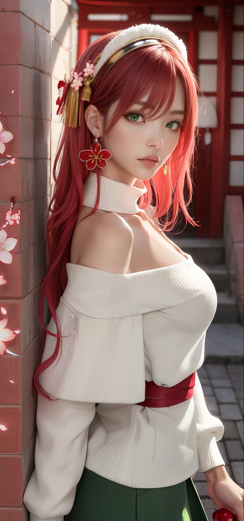 (Masterpiece, Excellent, 1girl, solo, complex details, color difference), realism, ((medium breath)), off-the-shoulders, big breasts, sexy, Yae Miko, long pink hair, red headdress, red highlight, hair above one eye, green eyes, earrings, sharp eyes, perfectly symmetrical figure, choker, neon shirt, open jacket, turtleneck sweater, against the wall, brick wall, graffiti, dim lighting, alley, looking at the audience, ((mean, seductive, charming)), ((cherry blossom background ))),((Japanese temple background)))), (((Glow-in-the-dark background)))
