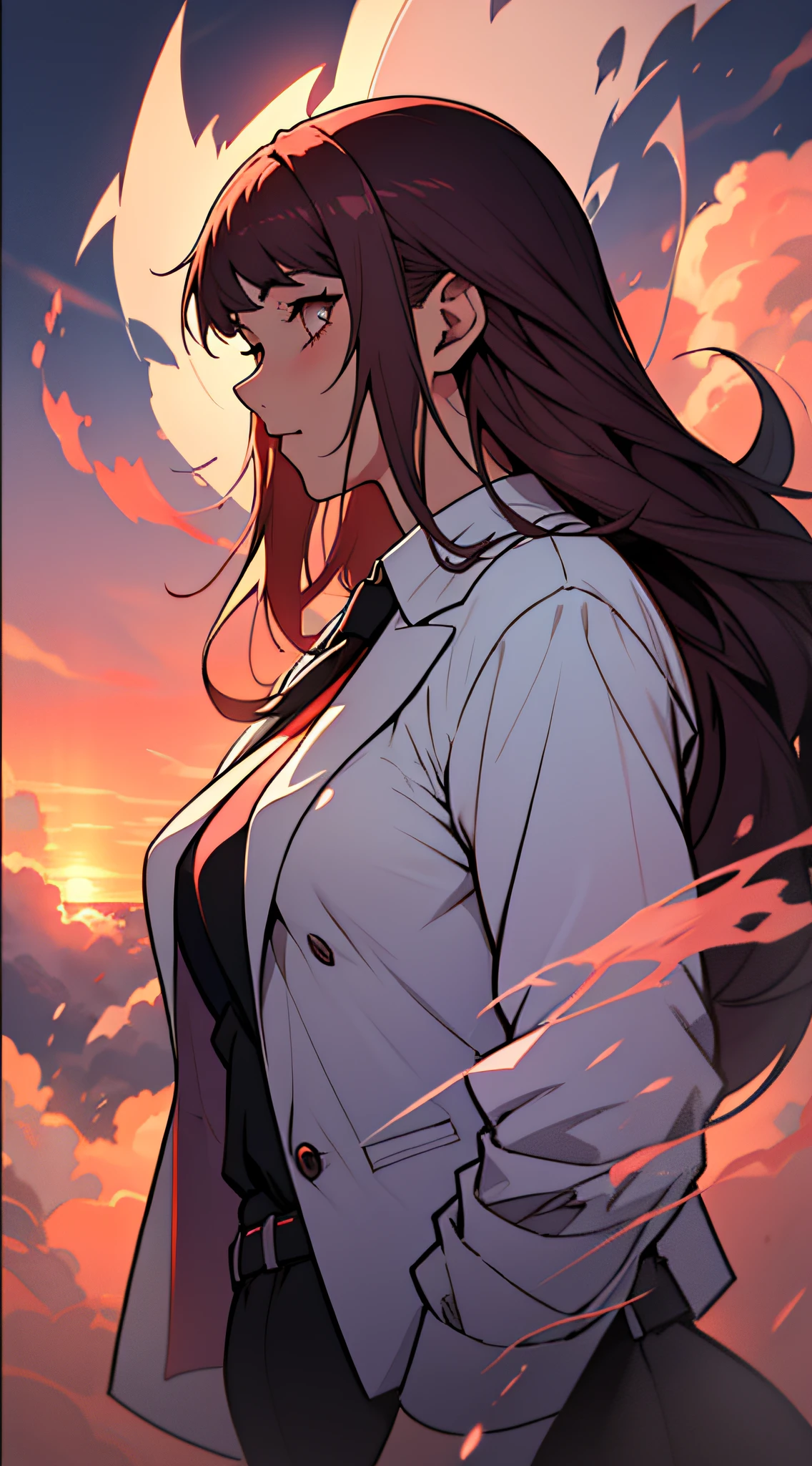 Sunset, slightly chubby girl, long hair, suit, behind the drifting smoke clouds, Bauhaus art, anime vision, cinematic sense, atmospheric sense, hazy background, occult, outstanding, the best