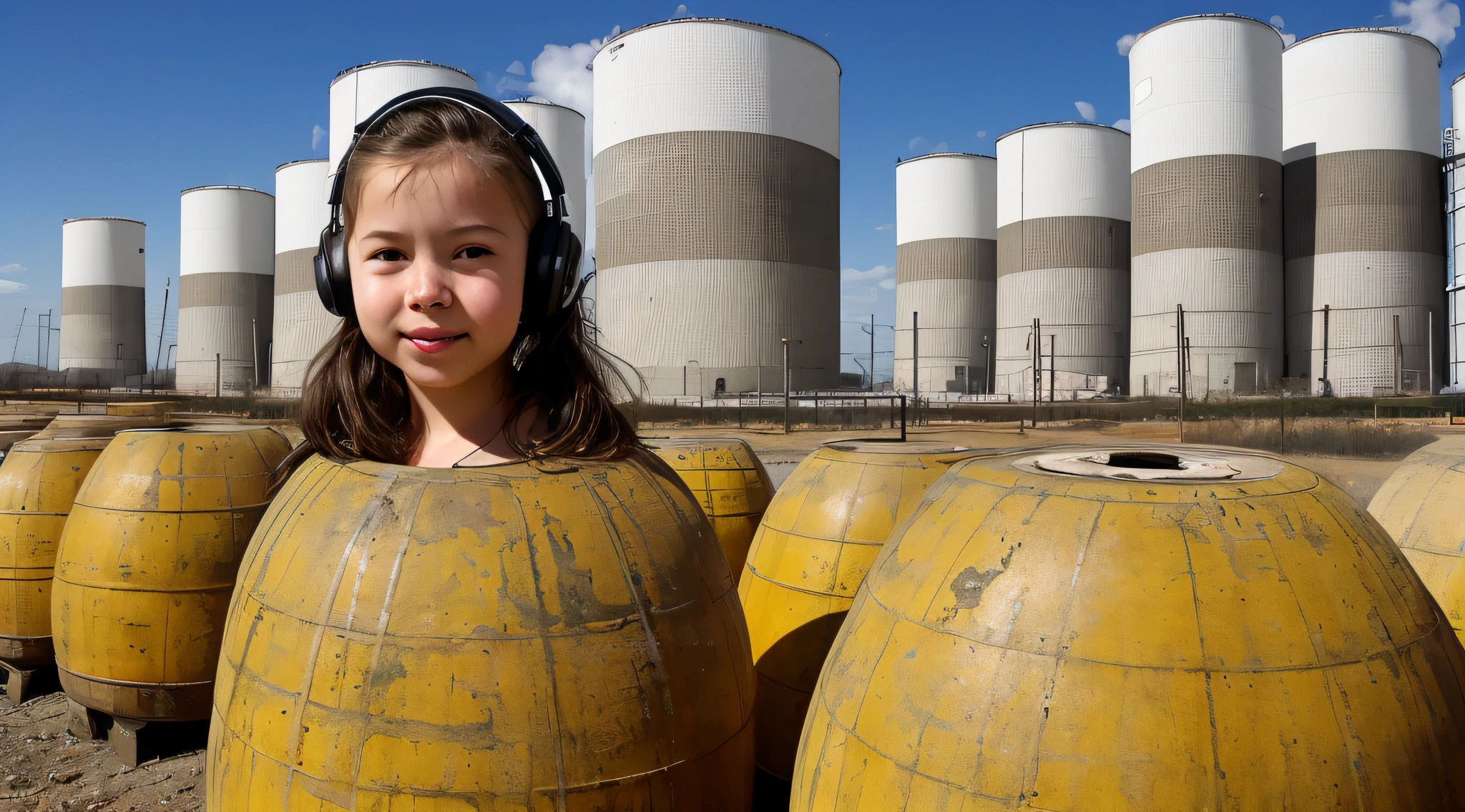 GIRL CHILD BLONDE HAIR, LONG CLOSEUP, RUSSIAN STYLE HEADPHONES, BLACK FUR COAT, a closeup of a large pile of yellow barrels with radioactive symbols, nuclear waste, radioactive wastelands, toxic waste, radioactive particles, nuclear wastelands, radioactive wastelands, uranium, nuclear, nuclear fallout, post-nuclear, nuclear fashion, post-nuclear fallout, nuclear energy, future of nuclear energy, nuclear, nuclear art, nuclear reactor, nuclear energy, radiation, toxicity, contaminated