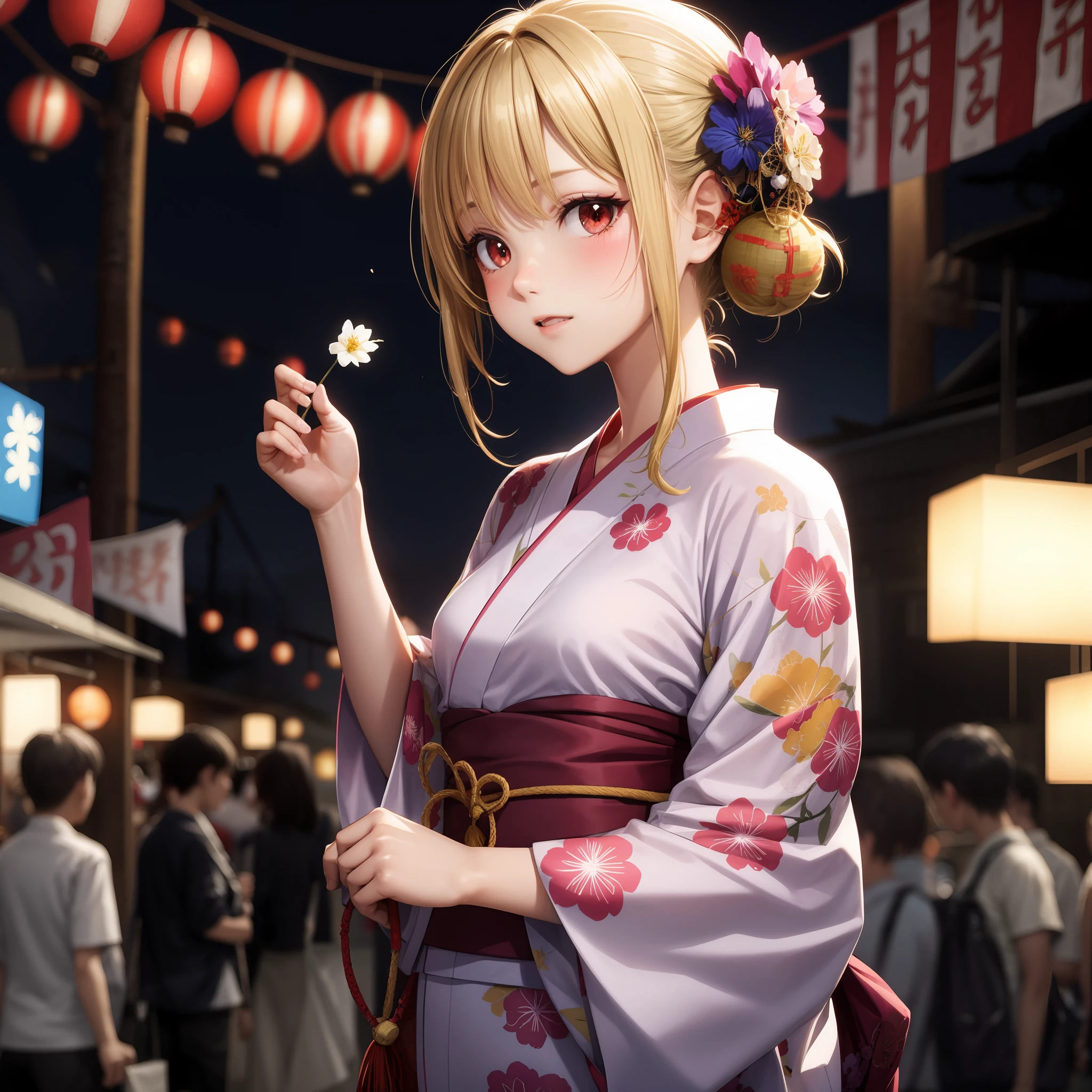 blonde, red eyes, 1girl, yukata, summer festival
