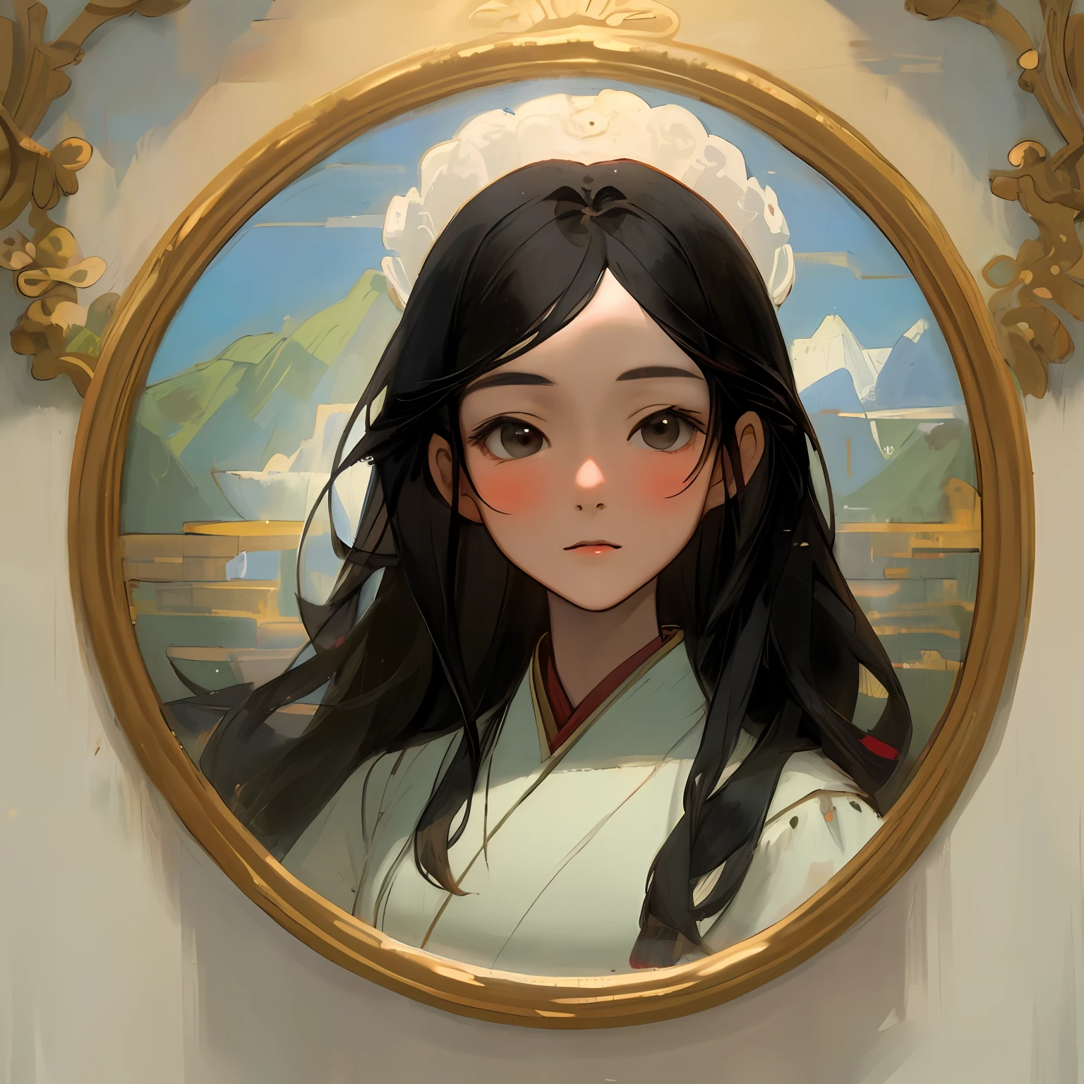 (((masterpiece))), superior quality, portrait of an Asiatic maiden with long black hair and a pale, delicate face, in the Wlop style.&quot;