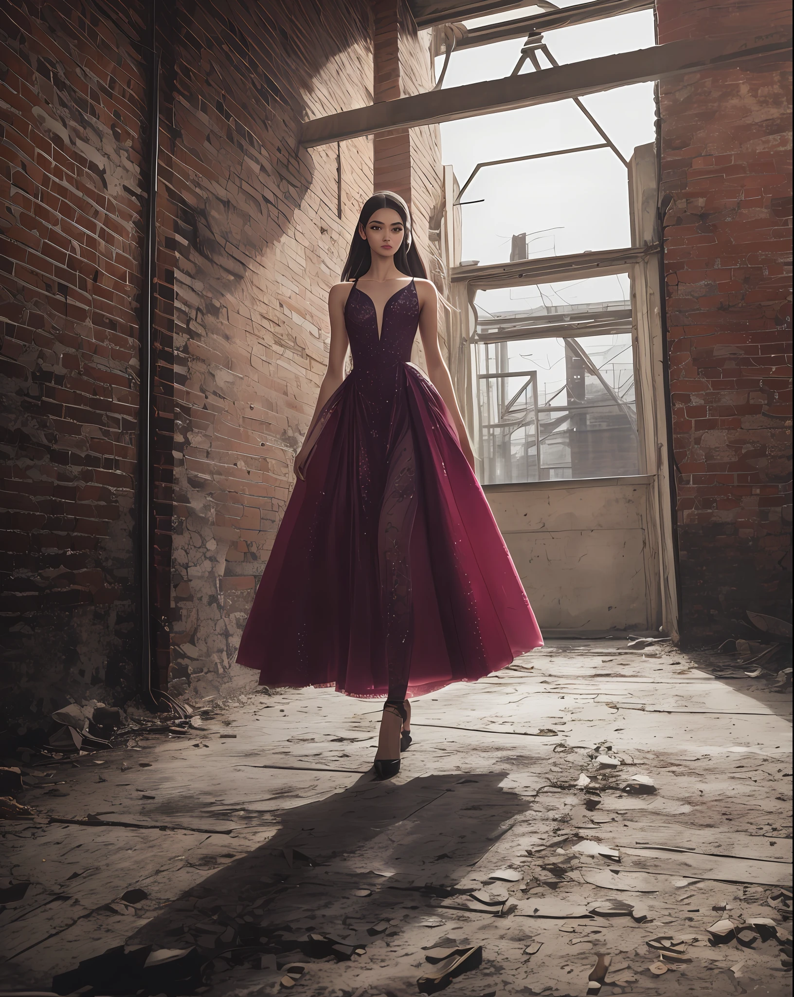 A high-fashion runway in an abandoned industrial warehouse, juxtaposing the elegance of haute couture with the raw and gritty aesthetics of (fairy grunge)::1.6. Soft, ethereal lighting casts shadows on the exposed brick walls as fairies confidently strut down the catwalk. The camera, a Nikon D850, captures every intricate detail and texture of the designer garments. The lens, a Nikon 85mm f/1.4, beautifully blurs the background, highlighting the enchanting beauty of the models. The shoot takes place during twilight, with the last traces of daylight adding a mystical ambiance to the scene. The style of photograph is a mix of high fashion editorial and urban decay, showcasing the contrasting elements of elegance and grit. The film used is Kodak Portra 800, enhancing the color saturation and capturing the richness of the garments' tones. --auto --s2
