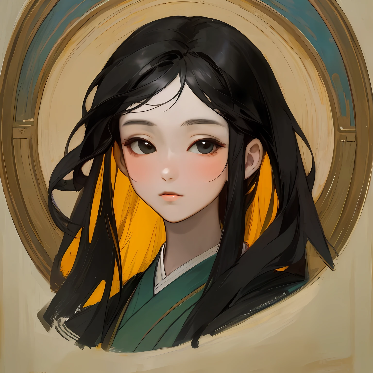 (((masterpiece))), superior quality, portrait of an Asiatic maiden with long black hair and a pale, delicate face, in the Wlop style."