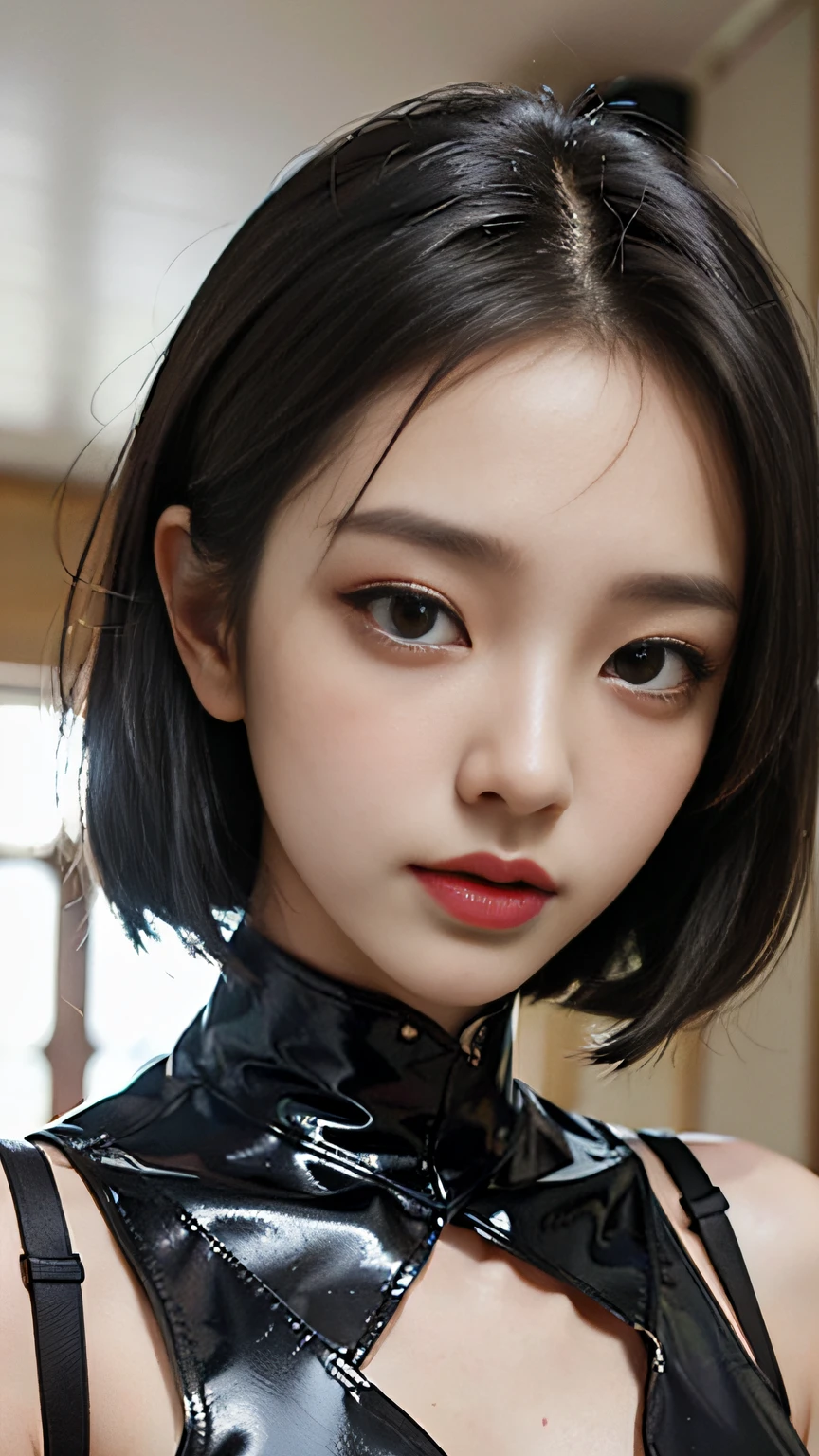 Slender Asian girl, kpop idol, ((latex underwear)), ((top quality, 8k, masterpiece: 1.3)), crisp focus: 1.2, beautiful woman with perfect figure: 1.4, ighly detailed face and skin texture, detailed eyes, BDSM, slave, rubberdress, skinny, beautiful face, symmetrical face