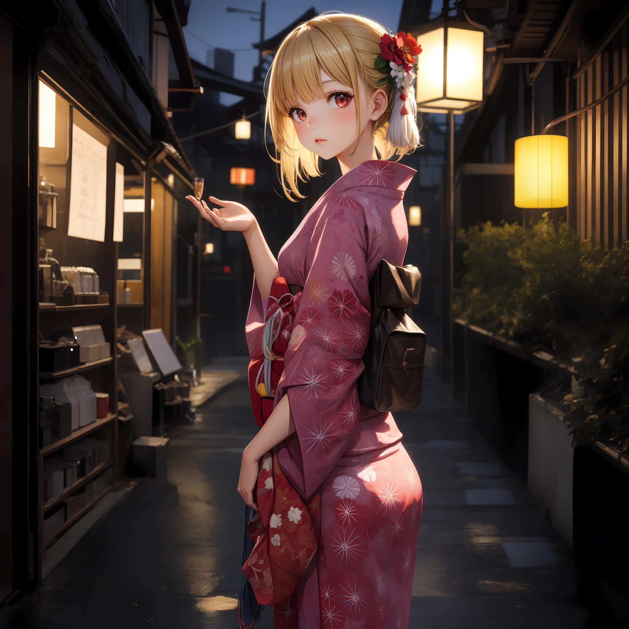 blonde, red eyes, 1girl, yukata