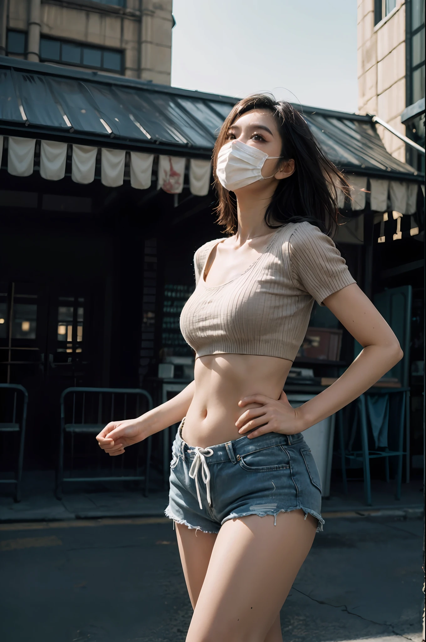 best quality, masterpiece, high resolution, 8K, (realistic: 1.4), super high resolution, 1 girl, super detailed, surreal, highly detailed CG illustration, official art, cinematic light, reality, young beautiful girl, perfect body, perfect body, full viewing angle, perfect body, (looking up lens: 1.2), wearing mask, pose, sexy long legs, confident, beautiful sexy, gray short sleeves, open belly, black super shorts, S-shaped body, hips upturned, posing, posing, different perspectives, Atmospheric sense of distance, dancing