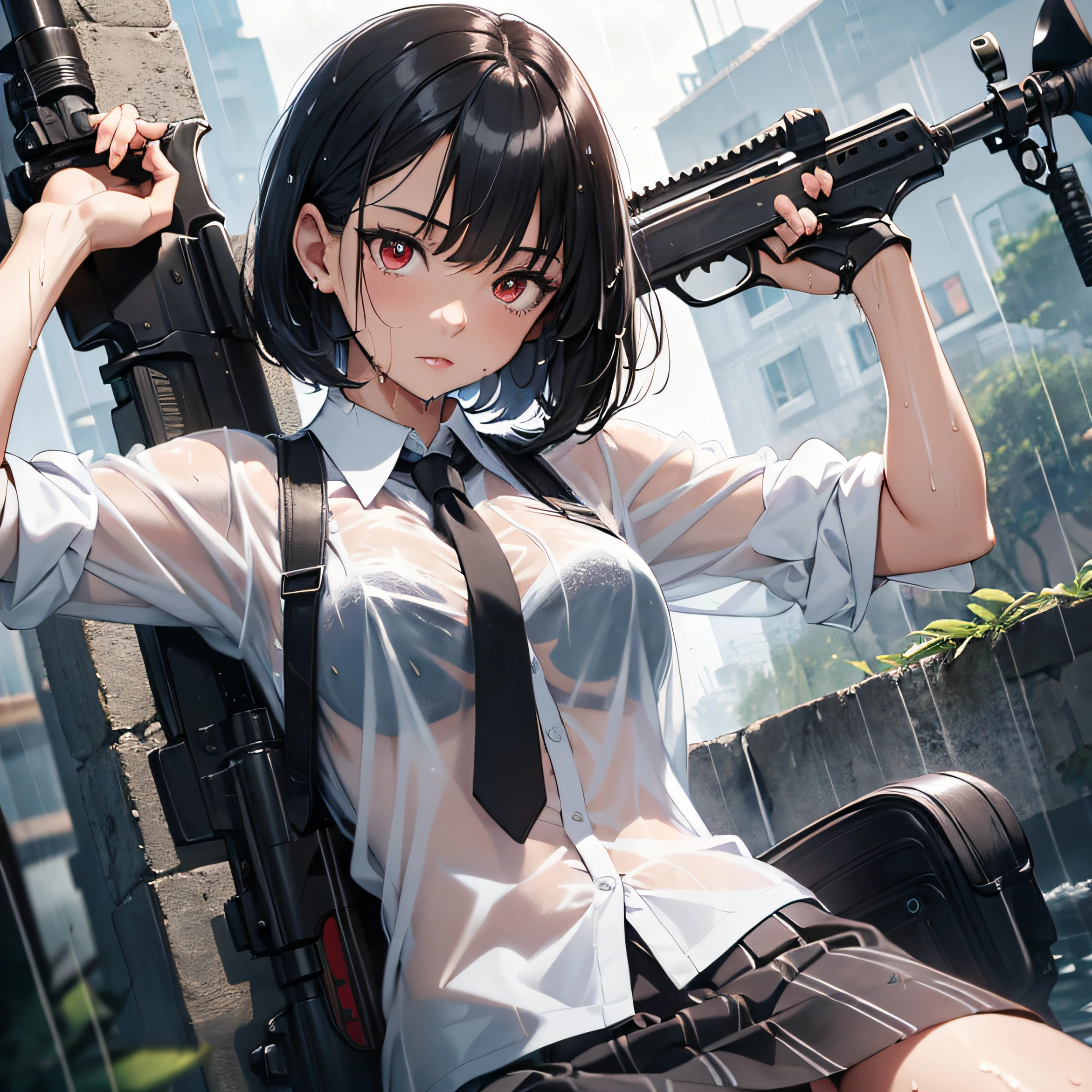 ((Masterpiece)), (Super Detail), Detail, Best Image Quality, Illustration, (Heavy Rain), 20 year old woman, Beautiful woman, Beautiful wet black hair, Bob cut, Beautiful red eyes, portrait closeup, Wet white shirt, tie, Wet checkered miniskirt, Black socks, Black shoes, Weapon holding a sniper rifle, Fighting with weapons, Wet white underwear,