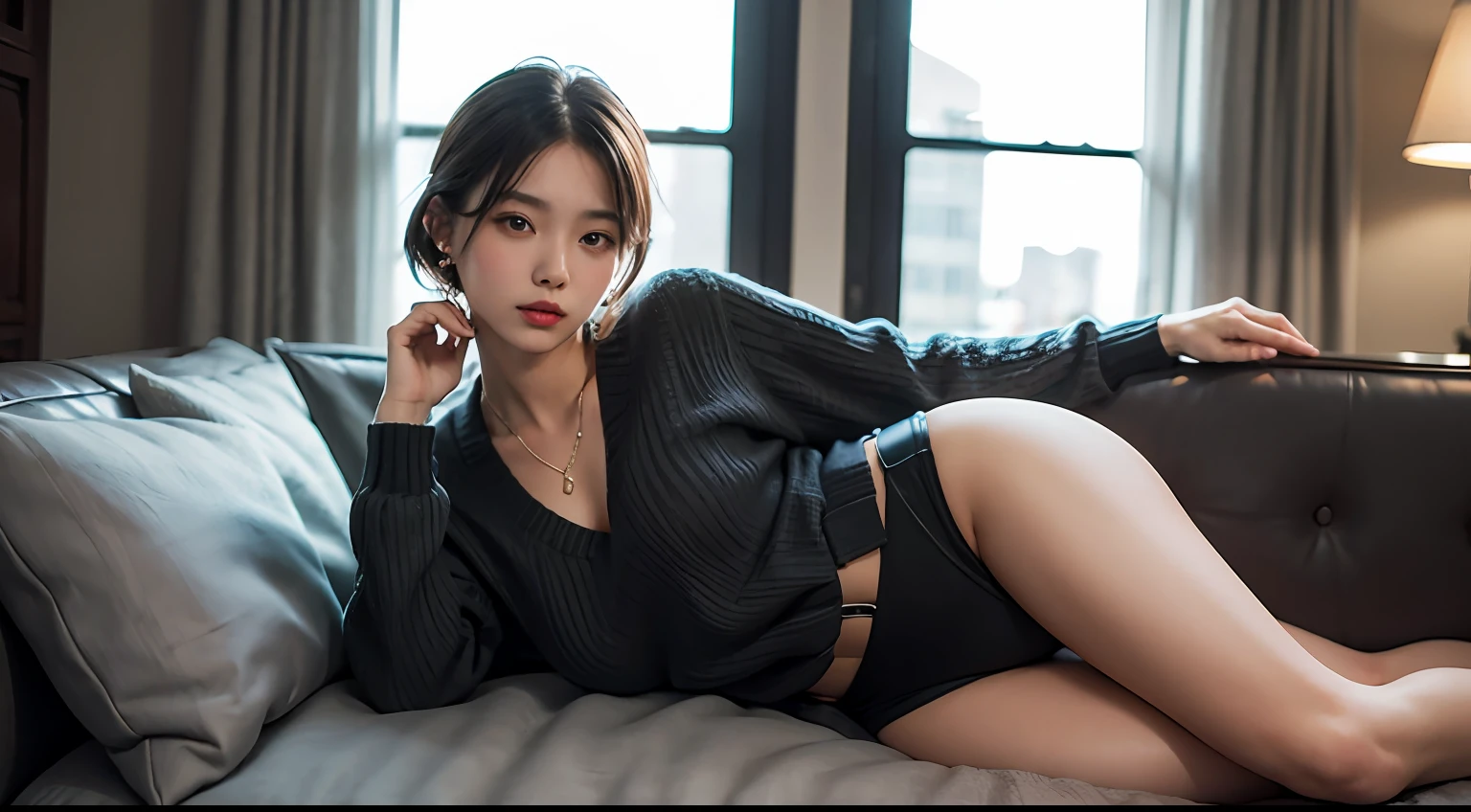mix4, Detail Eyes, (Best quality details:1.2), Realistic, 8K HD, (1girl:1.2), Super Detail, High Quality Texture, Fine Details, Fine Detail, High Detail, Extreme Detail CG, High Quality Shadow, Fine Beautiful Face, Fine Beautiful Eyes, Depth of Field, Ray Tracing, Hotel (a beautiful 25-year-old sexy Korean woman: 1.1), medium breasts, tall female, beautiful legs, glowing eyes, blush, perfect body, skinny, (black sweater: 1.4), (slit gray coat: 1), (plaid tight skirt: 1.2), (stockings_suspenders: 1.4), (short hair: 1.1), street photography, sunlight, kneeling sofa, earrings, necklace, model, viewing viewer from the side, dynamic pose, moles under the eyes,