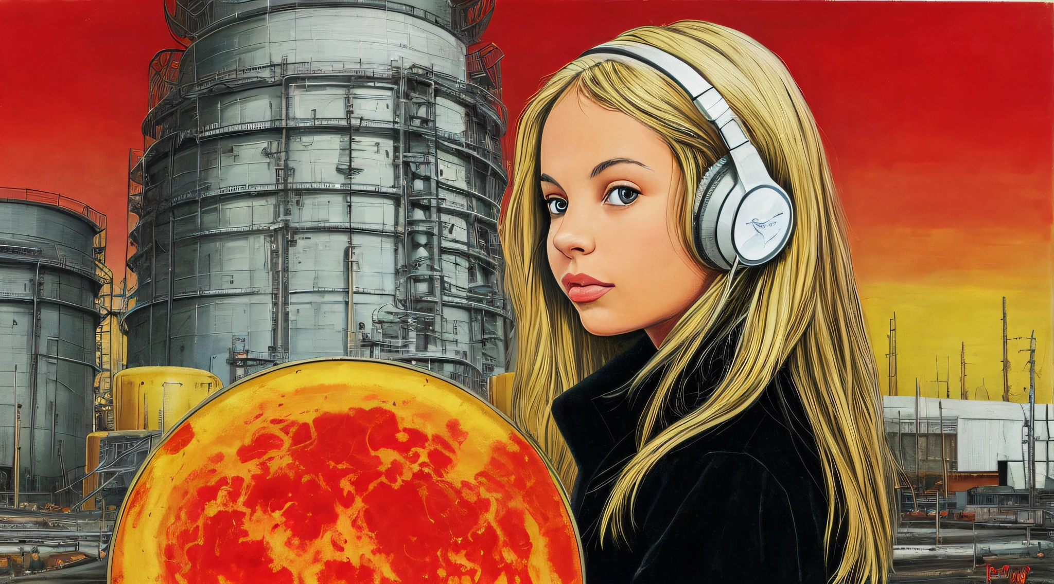 GIRL CHILD  BLONDE HAIR, LONG, CLOSE UP, RUSSIAN STYLE HEADPHONES, BLACK FUR COAT, a closeup of a large pile of yellow barrels with radioactive symbols, nuclear waste, radioactive wastelands, toxic waste, radioactive particles, nuclear wastelands, radioactive, uranium, nuclear, nuclear fallout, post-nuclear, nuclear fashion, post-nuclear fallout,  nuclear energy, future of nuclear energy, nuclear, nuclear art, nuclear reactor, nuclear energy, radiation, toxicity, contaminated