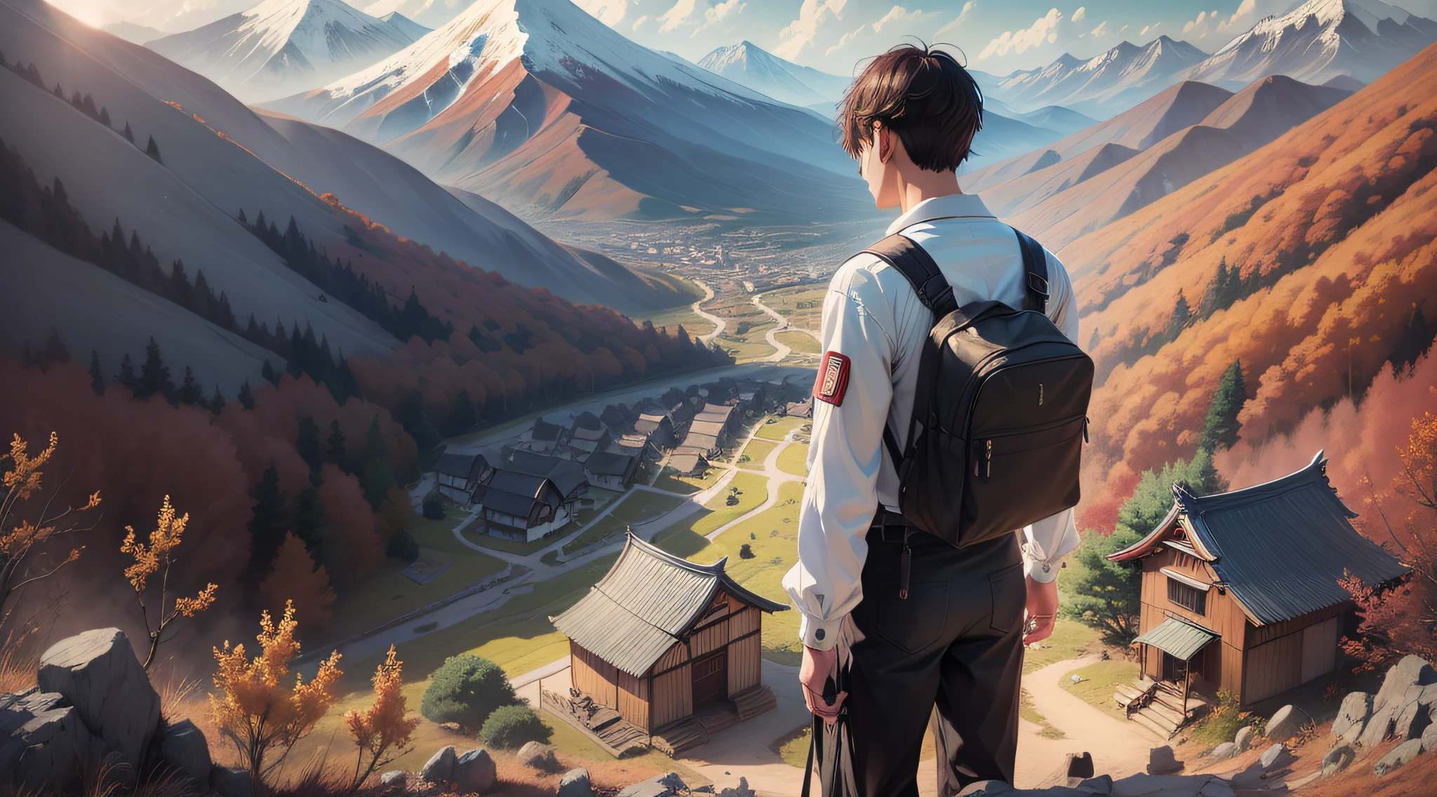 Drawing, ultra realistic, 8k, extremely detailed, in the best quality, man, oriental, short hair, young, on his back, on top of a mountain, looking at a Japanese village.
