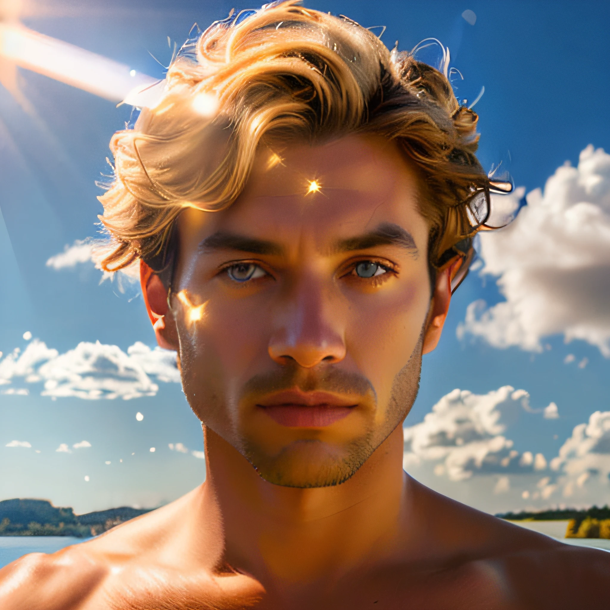 Arafed 40 years old man, backlit portrait, (radiating golden light forehead, glowing from within forehead, hot with shining sun, he has a glow coming from him forehead:1.5), armor gold (masterpiece, best quality, high resolution:1.4), skin pores texture, hair blond, HD , Photography, movie, cinematic,  Realistic, (8k, RAW photo, best quality, masterpiece:1.2), (realistic, photo-realistic:1.33), best quality, Perfect detailed symmetrical blue eyes (symmetrical round blue iris membrain & with symmetrical round pupils:1.45, lean man perfect brown skin & perfect body, natural lighting, depth of field, film grain, sharp, detailed and realistic portrait of a man, outside, Blue sky & clouds in background, staring at camera, soft natural lighting, portrait photography, magical photography, Contrast lighting, dramatic lighting, photo realism, ultra-detailed, intimate portrait composition