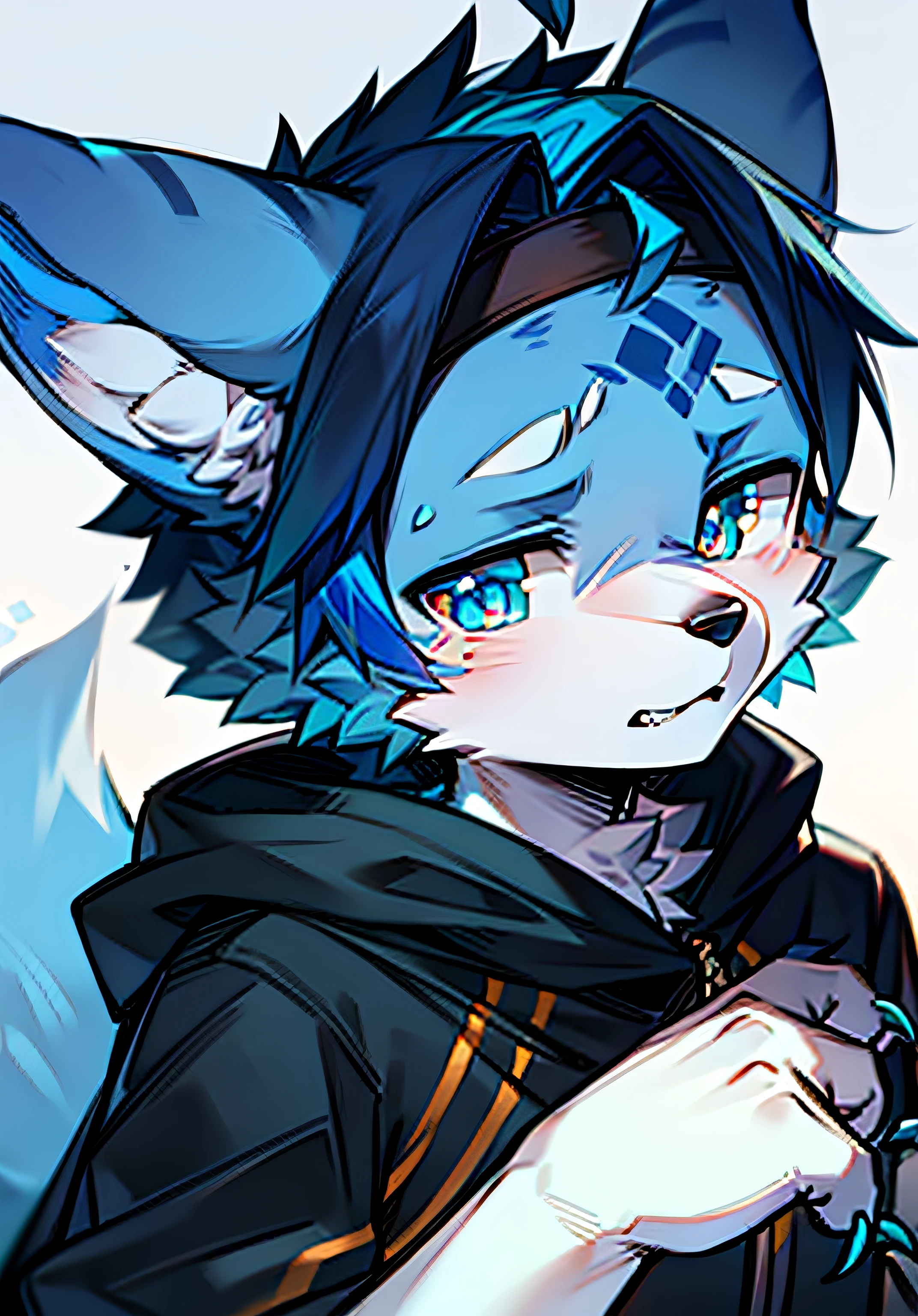 Wolf boy covered in white and blue hair, boy with different pupils, claws, wolf ears, a blue stripe on the forehead, peek