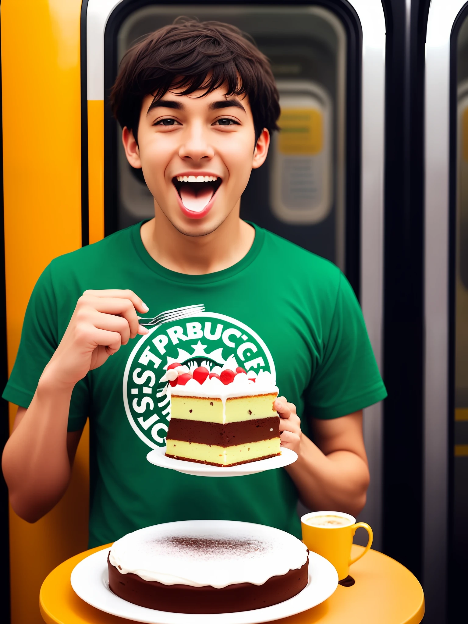 man is (standing:1.1) in metro train, eating a piece of cake with a fork, eating cake, with his mouth open, about to consume cake, starbucks tshirt, dark green background, high quality photo, being delighted and cheerful, eating camera pov, (intricate details), (intricate details, hyperdetailed:1.2), cinematic shot, vignette, full shot