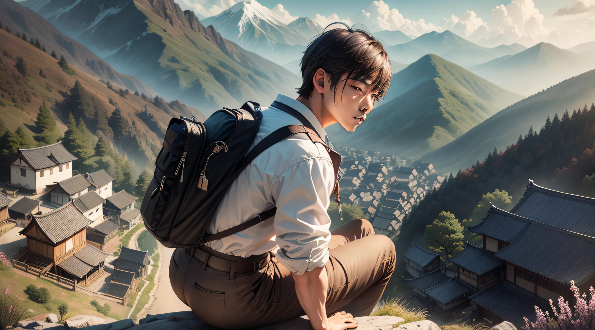 Drawing, ultra realistic, 8k, extremely detailed, in the best quality, man, oriental, short hair, young, on his back, on top of a mountain, looking at a Japanese village.