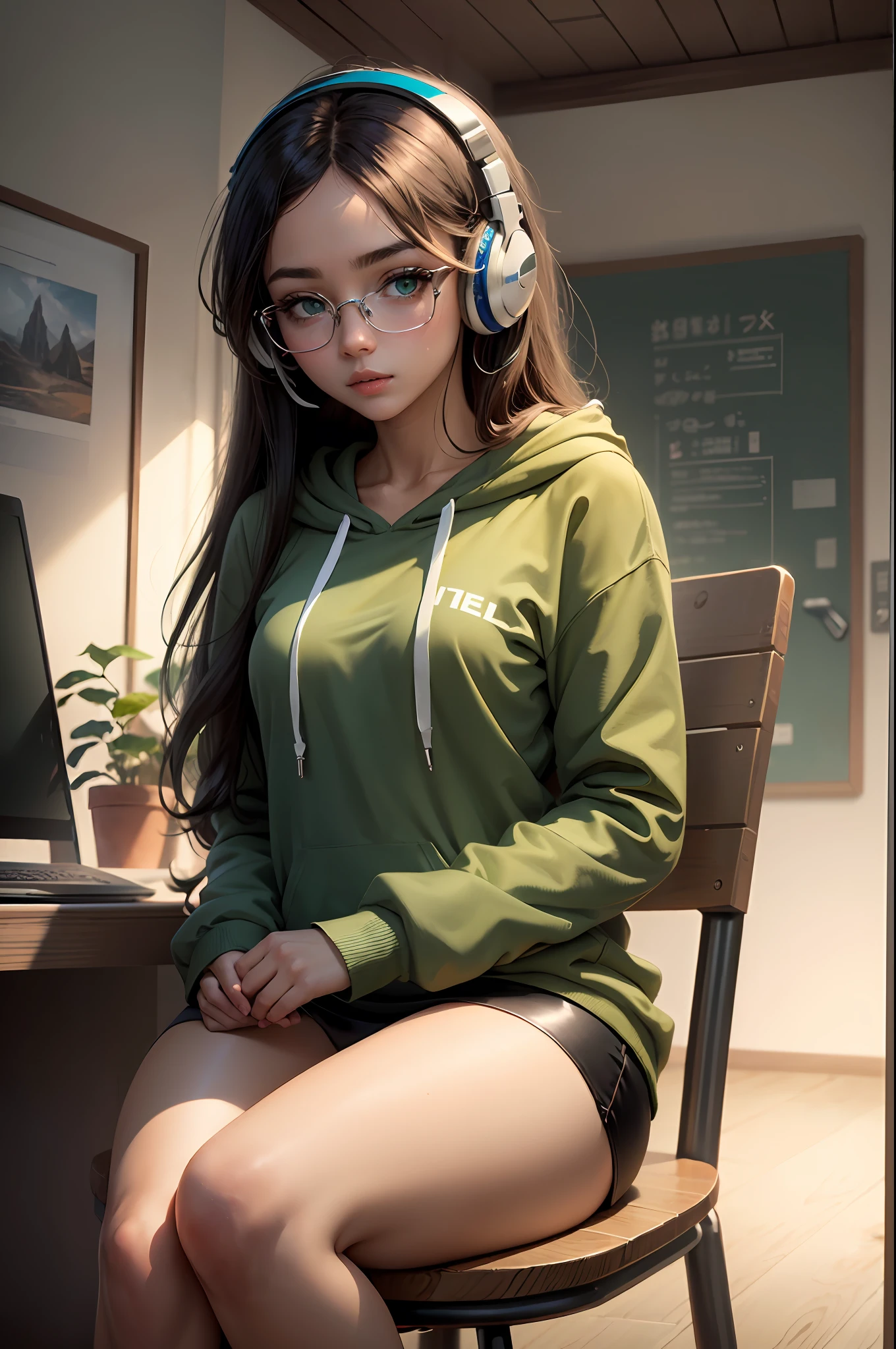 (masterpiece, best quality), 1girl, long hair, headphones, green eyes, glasses, green hoodie, room, detailed eyes,