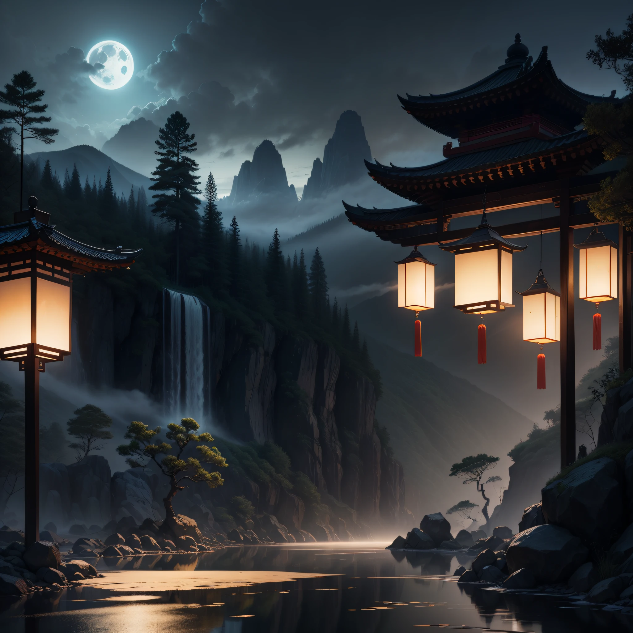 Masterpiece, best quality, Chinese martial arts style, Asian night view with lanterns and water lilies, Asian pond night view with many lanterns and boats with many lights and boats in water, lake, lotus, beautiful night view, (((Chinese martial arts style))), vast sky, mountain cliffs, ink style, contour light, atmospheric atmosphere, depth of field, fog rising, bamboo, pine tree, octagonal stone pavilion, flying waterfall, big full moon, (colorless), monochrome, light color