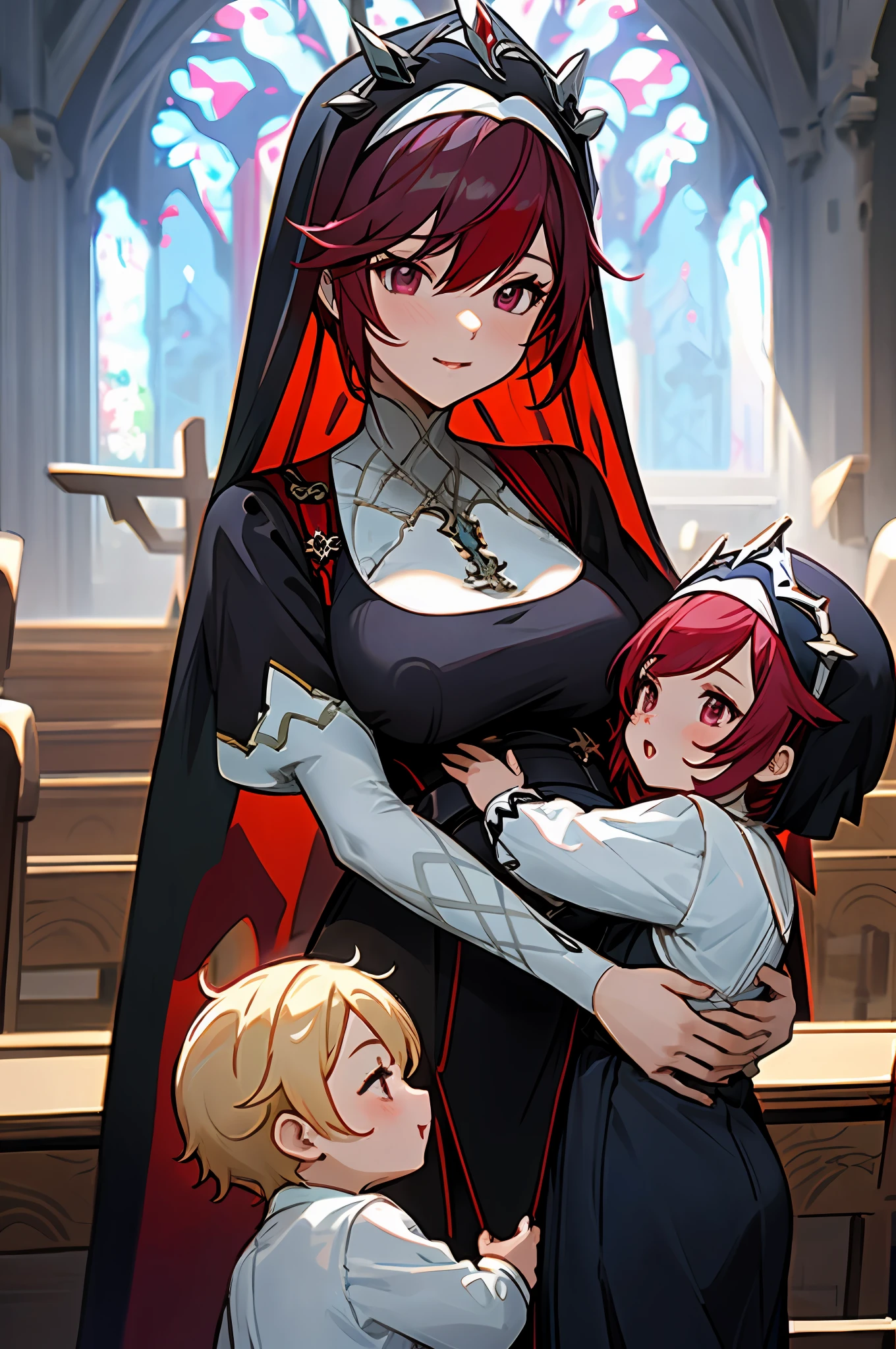 anime image of two women dressed nun posing for a picture like Nun clothing in summer, short hair, a girl in church, anime fantasy illustration, from the azur lane videogame, genshin, nun dress detailed art, two beautiful anime girls, mother and child, symbol of maternal love, happy, mother and child, such as photos of mother and child, reddish purple hair