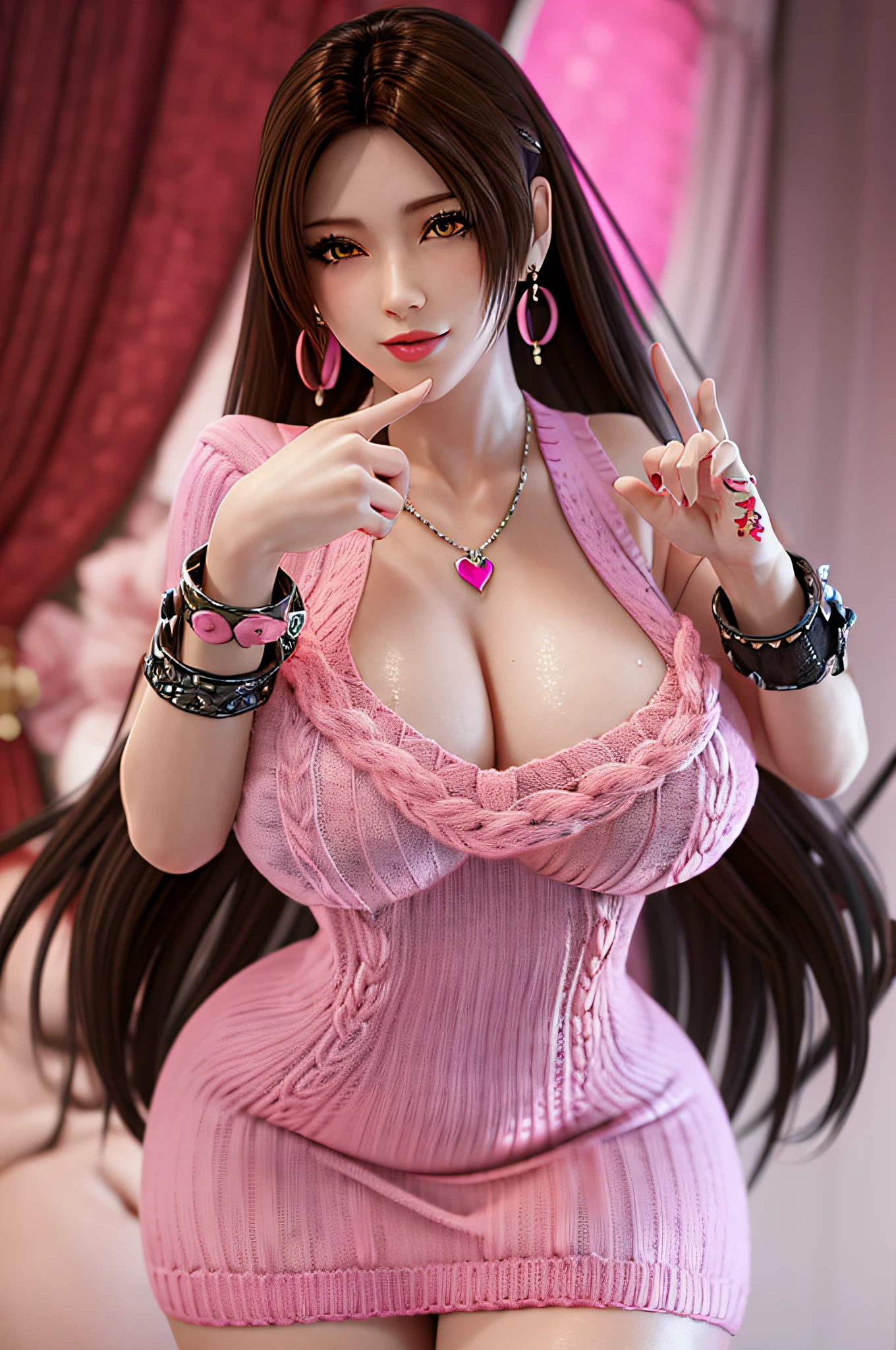 panorama,long shot,nighttime,(1girl),akiryo-mai ,Necklaces, earrings,Brownish red hair,Shy, blushing,see-through,(Pink Mini Knit Dress:1.6),(sweat:1.25), (Rose-tattoos :1.2) ,(((solo))),depth of field,(Masterpiece:1.5),(best quality:1.4),extremely detailed ,3D,Cinema-4D , 8k,Photorealistic ,( Charming female body), (gigantic breasts),Facing the camera, Pink lips,(((Finger details))),Subject centered,(((Extra hands))), (((extra legs))),