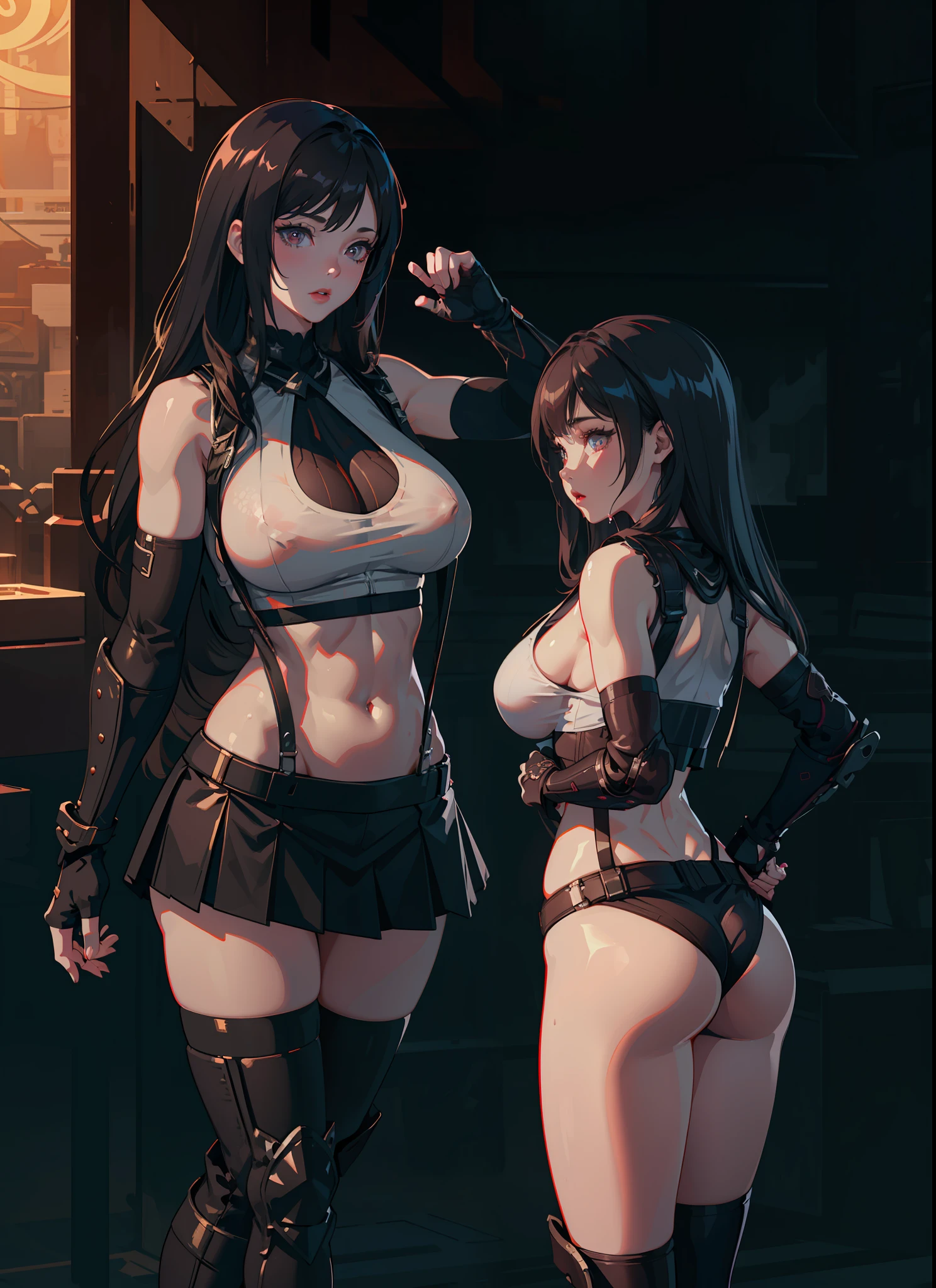 Unreal Engine 5 Realistic Render, (masterpiece, best quality), intricate details, (Best quality)), ((masterpiece)), ((realistic)), (hyperrealism:1.2), (fractal art:1.2), 
1girl, 7rtifa, crop top, arm guards, fingerless gloves, suspenders, pleated miniskirt, black thighhighs, red boots 
extreme detailed eyes, colorful, highest detailed, 
vibrant colors, high contrast,
(8K UHD:1.2), (photorealistic:1.2), beautiful face, top body is hyper realistic thicc muscle and hyper largest_breasts!! with the type of boobs_melons, lower is huge buttocks, wet shiny body