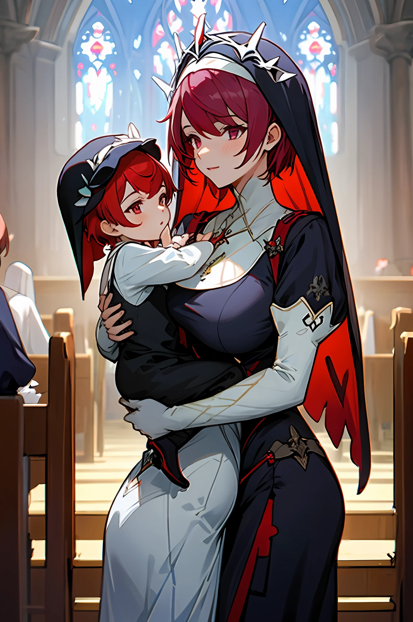 anime image of two women dressed nun posing for a picture like Nun clothing in summer, short hair, a girl in church, anime fantasy illustration, from the azur lane videogame, genshin, nun dress detailed art, two beautiful anime girls, mother and child, symbol of maternal love, happy, mother and child, such as photos of mother and child, reddish purple hair