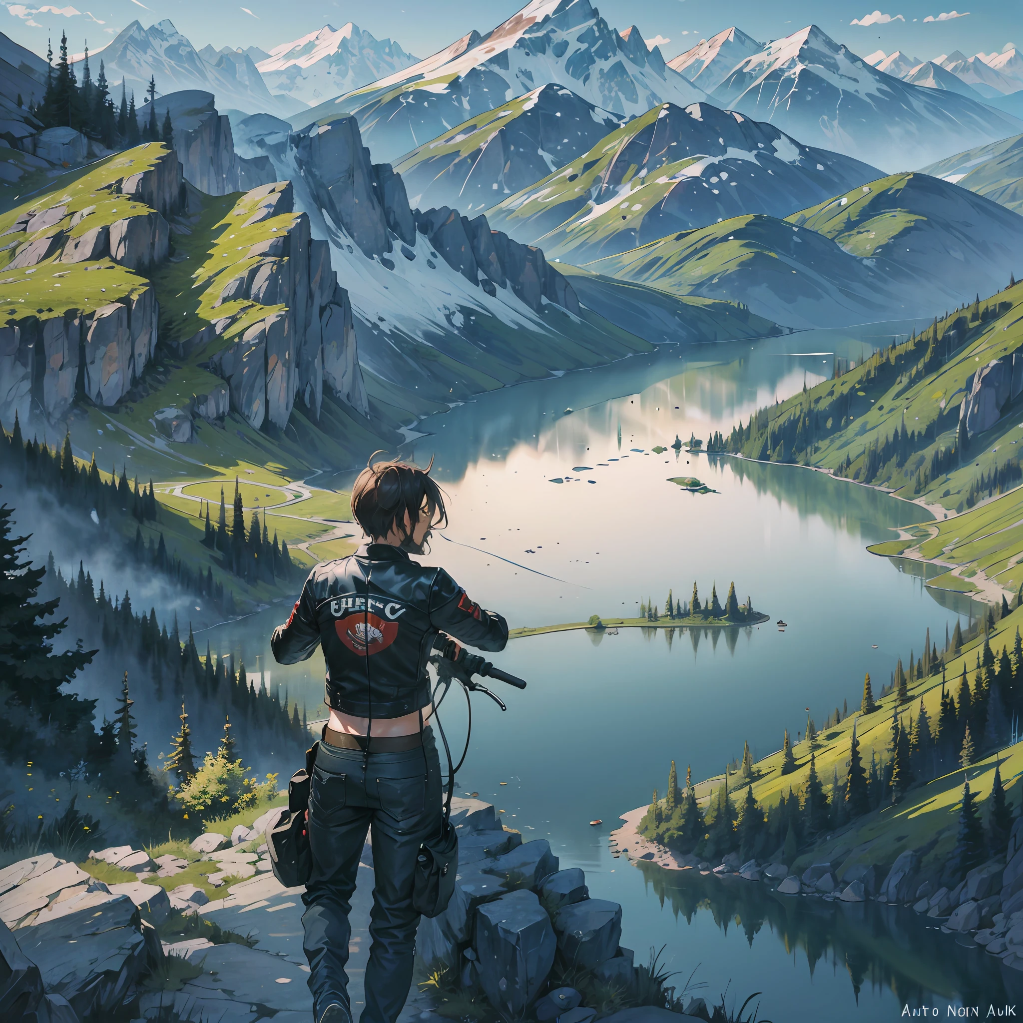 motorcycle man with acoustic guitar,lookout lake and mountain --auto