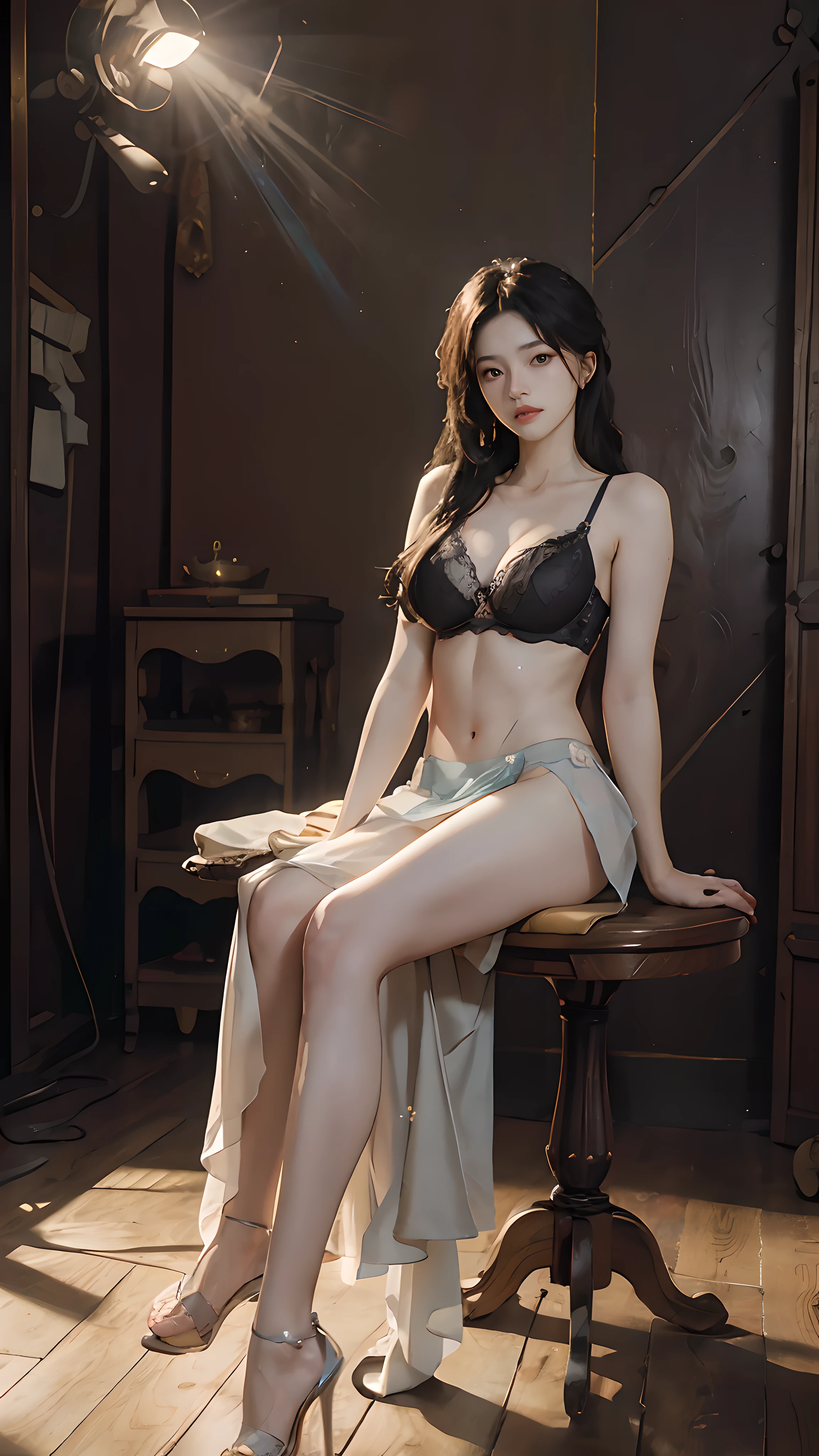 CG Unity 8K wallpaper with the highest quality details, National treasure RAW photo, realism: 1.3, dynamic angle, long hair, transparent bra: 1.4, transparent panties: 1.4, cinematic lighting, lens flare, futuristic room, fine details, full body shot, transparent heels, straight legs, fine face,