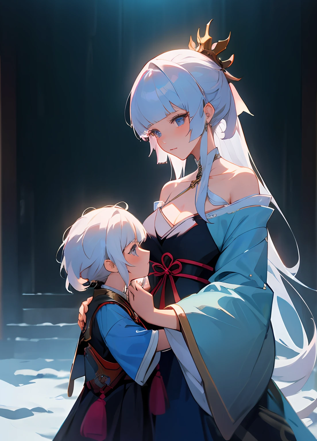 anime image of two women dressed in traditional japanese clothing in snow, bluish white hair, characters from azur lane, anime fantasy illustration, from the azur lane videogame, genshin, artwork in the style of guweiz, cultivator detailed art, two beautiful anime girls, mother and child, symbol of maternal love, mother and child, such as photos of mother and child, ((masterpiece,best quality, detailed)), ultra-detailed, detailed hair, a mother kisses her child's forehead, hard rim lighting,((dramatic lighting)),sharp focus,mother and daughter, medium breasts, female child(flat chest), holding, ru_qun, (off shoulder), (Hanfu:1.1)