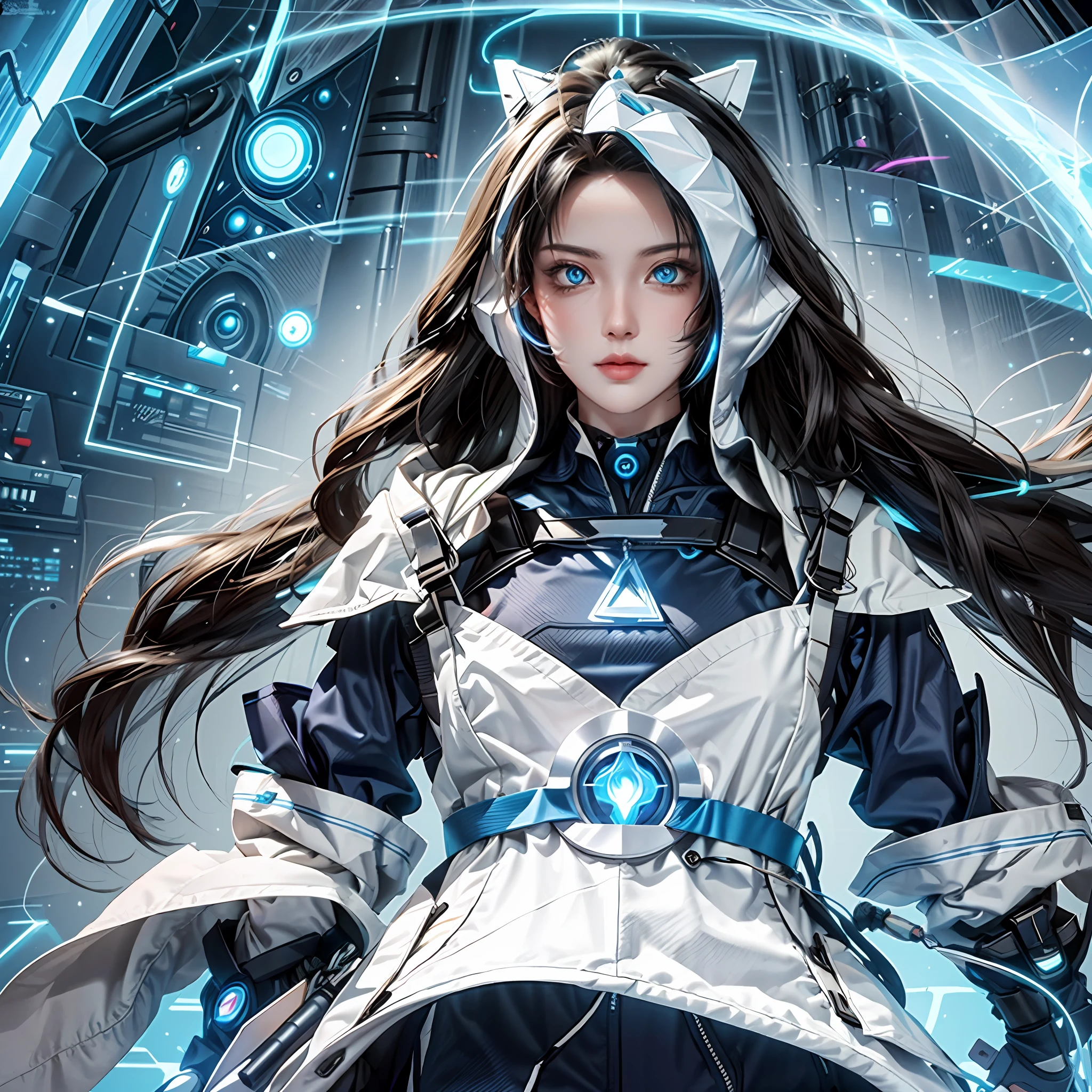 prompt:(futuristic), (mystical), (magical),(ethereal being), (advancedtechnology), (hightechrobes),( futuristicstaff),(orbitingholograms),( cybernetichands),(nanomagichood), (faceshield),(glowingeyes),( majesticpose),( powerfulstance),(defendsjustice)