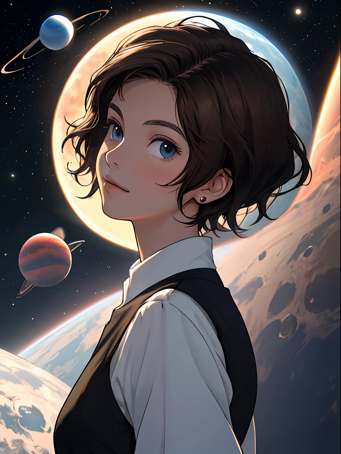 (detailed image) young brunette with very short hair looking at the planets
