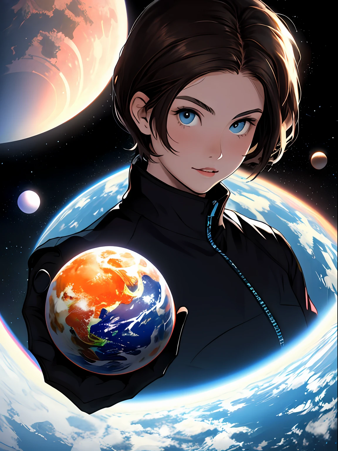 (detailed image) young brunette with very short hair looking at the planets